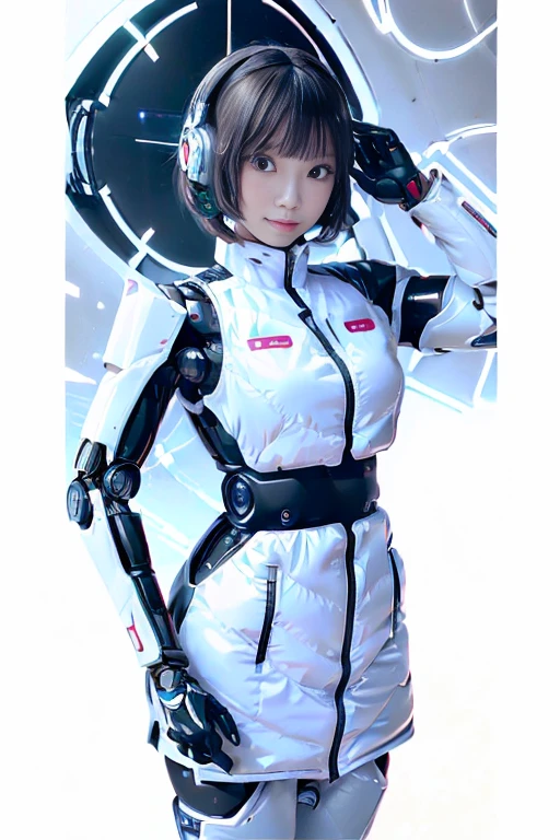 A girl in a futuristic bright white heavily armored robot suit takes a photo、perfect android girl, Female cyborg body, Perfect anime cyborg woman, Beautiful female android!, Female Robot, completely robot!! girl, Cute cyborg girl, Cyber Suit, Girl wearing mecha cybernetic armor, Cyber Suit, beutiful white girl cyborg, Beautiful female android, Beautiful girl cyborg、Cute cyborg girl with short bob hair、Beautiful android sculpture model、(Laughter)、((Rounded, white, sturdy armor))、(((Equipped with long sensor antennas on both ears)))、(((Robot Girl)))、(((Android girls)))、