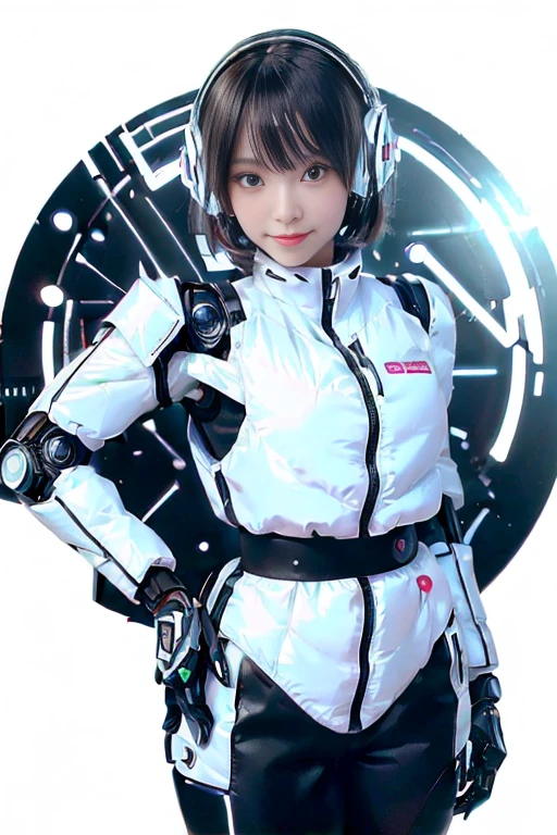 A girl in a futuristic bright white heavily armored robot suit takes a photo、perfect android girl, Female cyborg body, Perfect anime cyborg woman, Beautiful female android!, Female Robot, completely robot!! girl, Cute cyborg girl, Cyber Suit, Girl wearing mecha cybernetic armor, Cyber Suit, beutiful white girl cyborg, Beautiful female android, Beautiful girl cyborg、Cute cyborg girl with short bob hair、Beautiful android sculpture model、(Laughter)、((Rounded, white, sturdy armor))、(((Equipped with long sensor antennas on both ears)))、(((Robot Girl)))、(((Android girls)))、