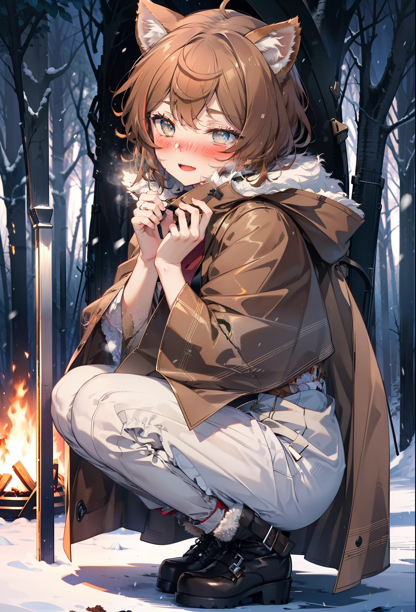 Liliru Card, Liliruca gets burned, Animal ears, (Brown eyes:1.7), Brown Hair, (Flat Chest:1.2), short hair,smile,blush,White Breath,
Open your mouth,snow,Ground bonfire, Outdoor, boots, snowing, From the side, wood, suitcase, Cape, Blurred, having meal, forest, White handbag, nature,  Squat, Mouth closed, Cape, winter, Written boundary depth, Black shoes, red Cape break looking at viewer, Upper Body, whole body, break Outdoor, forest, nature, break (masterpiece:1.2), highest quality, High resolution, unity 8k wallpaper, (shape:0.8), (Beautiful and beautiful eyes:1.6), Highly detailed face, Perfect lighting, Highly detailed CG, (Perfect hands, Perfect Anatomy),