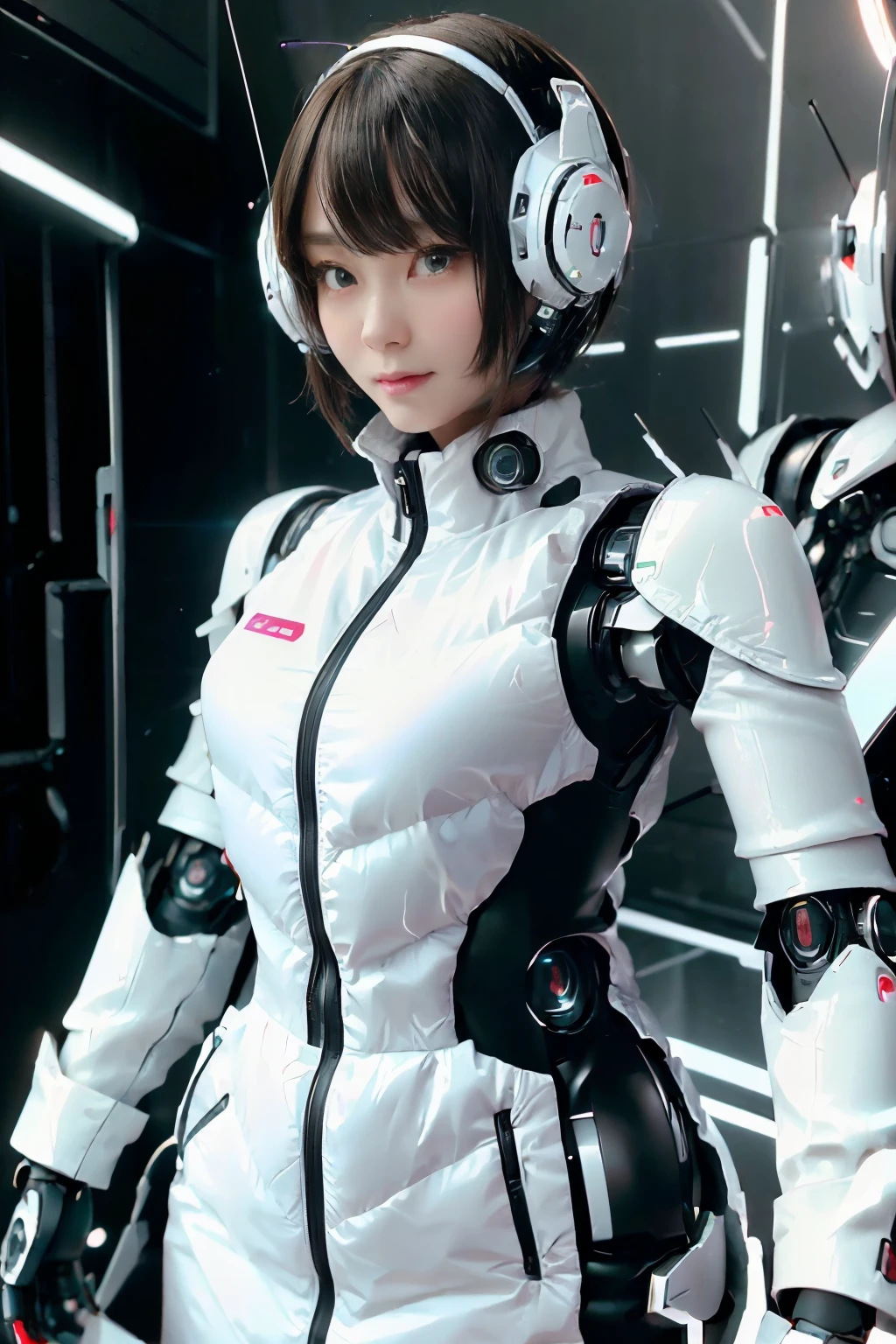 A girl in a futuristic bright white heavily armored robot suit takes a photo、perfect android girl, Female cyborg body, Perfect anime cyborg woman, Beautiful female android!, Female Robot, completely robot!! girl, Cute cyborg girl, Cyber Suit, Girl wearing mecha cybernetic armor, Cyber Suit, beutiful white girl cyborg, Beautiful female android, Beautiful girl cyborg、Cute cyborg girl with short bob hair、Beautiful android sculpture model、(Laughter)、((Rounded, white, sturdy armor))、(((Equipped with long sensor antennas on both ears)))、(((Robot Girl)))、(((Android girls)))、