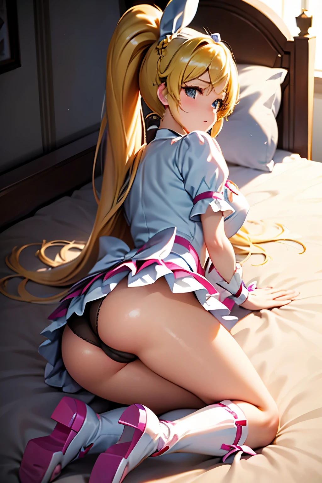Cure Rhythm、Pretty Cure、Blonde、Long Hair、c cup breasts、Photo from below、(On the bed)、One girl、((Black Panties))、(boots)、ponytail、Kneeling、(White thigh-high socks)、