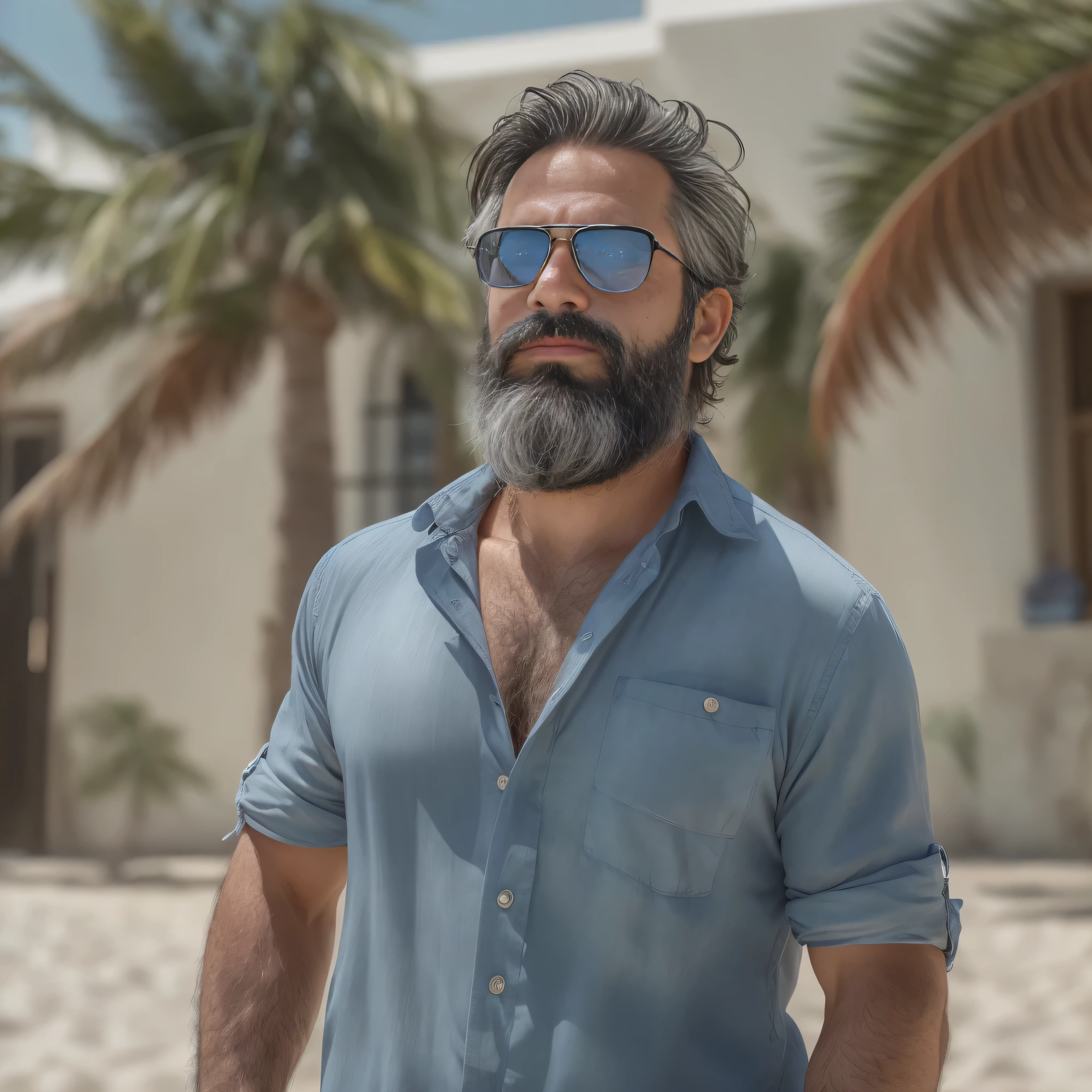 Create an image of a 38-year-old man with a beard and lots of chest hair.. he wears sunglasses. The man should have a confident and relaxed expression.. La escena es una playa soleada con cielos azules claros., Arena blanca y suave, y suaves olas al fondo. The man is standing near the coast with the ocean behind him.. He is dressed in casual beach clothes., like swimsuits and flip flops. The image must be of the highest quality., con piel texturizada y detalles realistas.