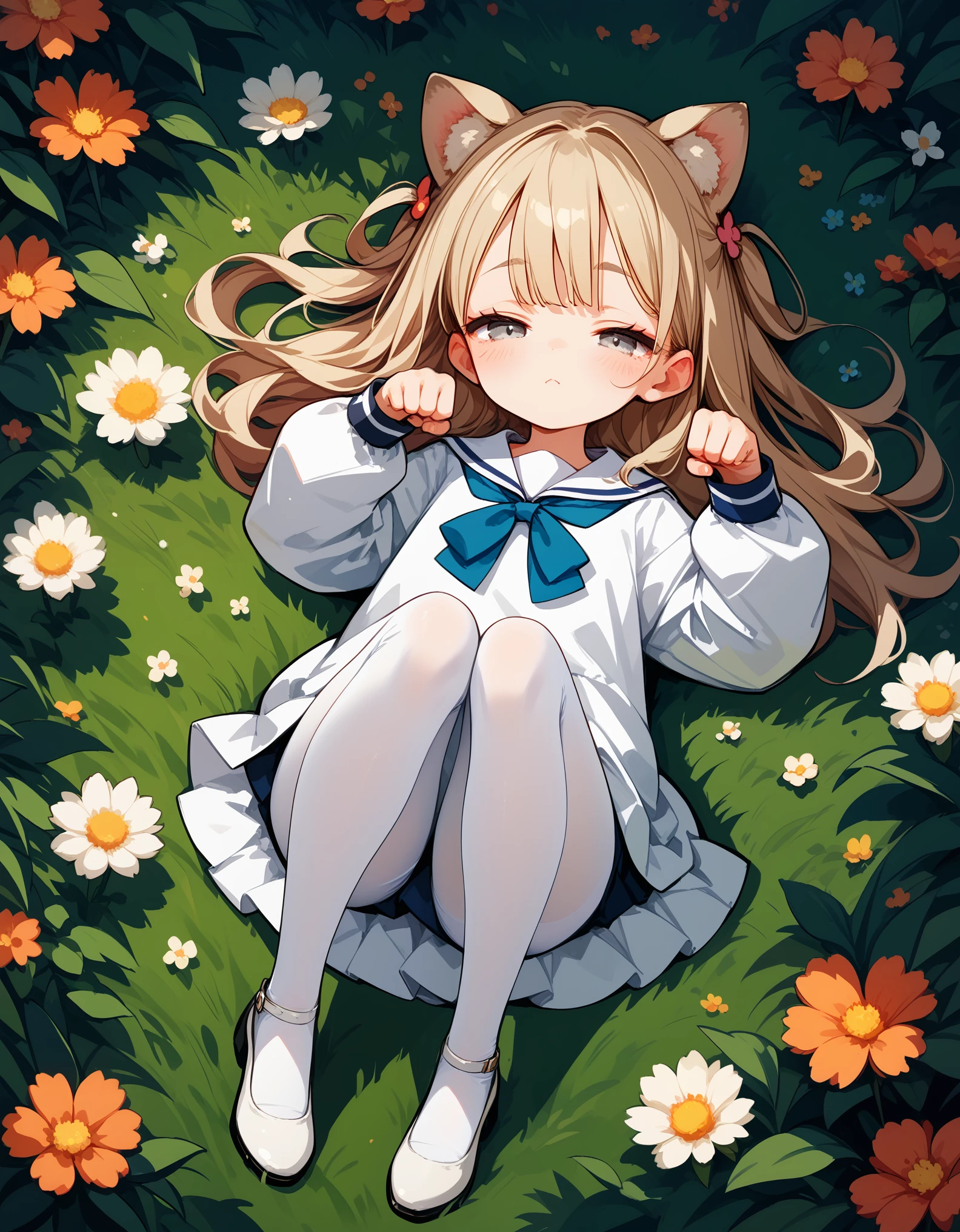 score_9, score_8_up,score_7_up,score_6_up,score_5_up,from above, 1girl, animal_ears, grey eyes,paw pose,full body, lying,legs together, knees up, on back,on grass,sailor dress,white_pantyhose, thick eyelashes, half-closed eyes, ,petite,mesugaki,loli,