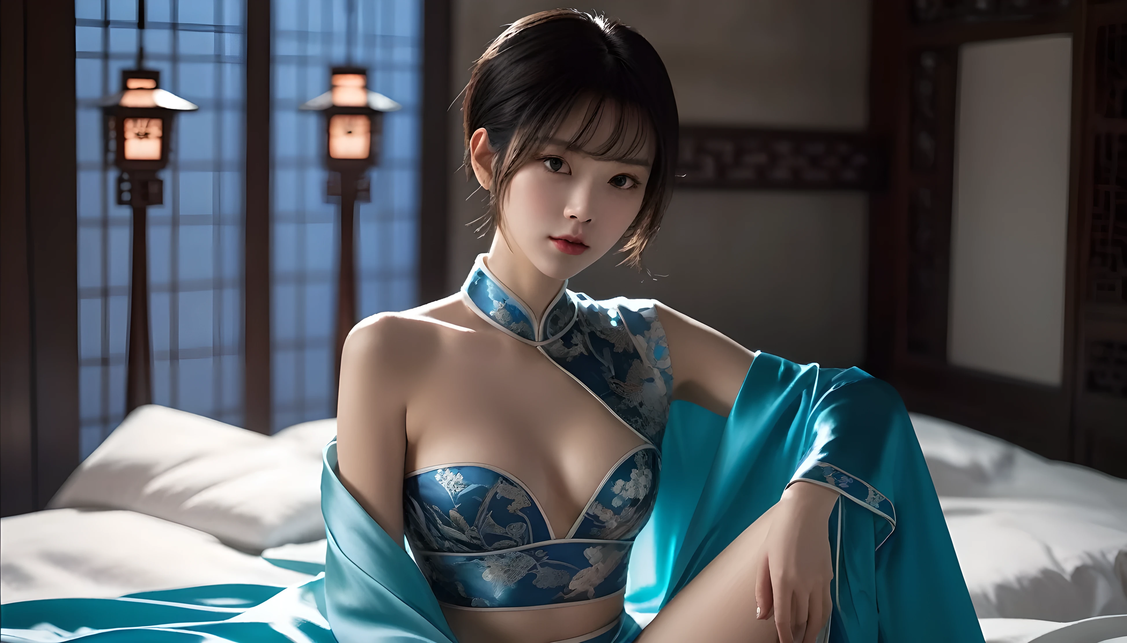 Bust photo, a beautiful woman, messy hair, girly, symmetrical bun, hair accessories, jewelry, delicate face, eye shadow, delicate cyan top, bare shoulders, navel, bare belly, Dunhuang style, a lot of streamers, delicate skin, soft light effects, delicate and smooth hair, delicate details, eye highlights, fair skin, fine portrayal, extreme details, cinematic quality, thin, slender, broken, hair details, thin bangs, shawl hair, correct body, shadows, air bangs, 8K, super detailed, Fine fabric texture, soft, supple, smooth texture, Dunhuang style, delicate pattern, correct hand painting, smile, tsurime, Surrealism, ray tracing, UHD, high details, super detail, highres, 8k, high quality, high details, textured skin, ccurate