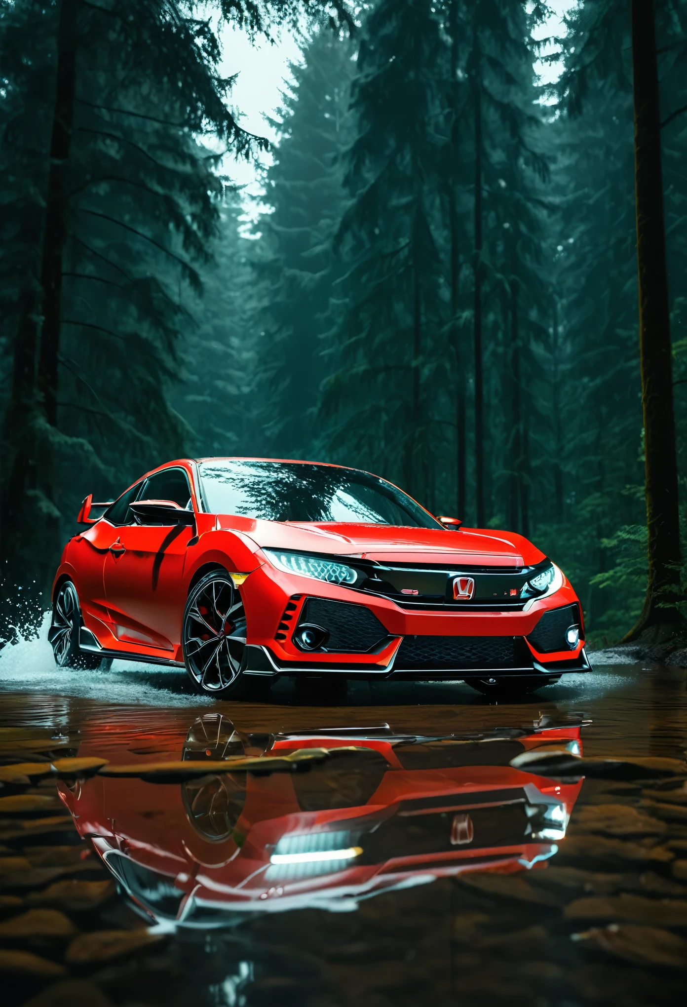 ((((masterpiece)), photographic)), professionally detailed, ultra-high detail, sharp, insanely detailed,
Immerse yourself in the enchanting scene of a dense forest at dusk, where the super car honda civic type color white and red, pstands gracefully in puddles of water. The sunset sky adds a touch of magic to the atmosphere, reminiscent of a sleek intricate creation. The energy-filled illustrations accentuate the car's allure, brought to life with a stunning blend of light gold and dark cyan tones. The 32k UHD resolution allows every detail of the organic biomorphic forms, inspired by Felix Philipp Kanitz, to be captured with unparalleled clarity.
aetherpunkai,