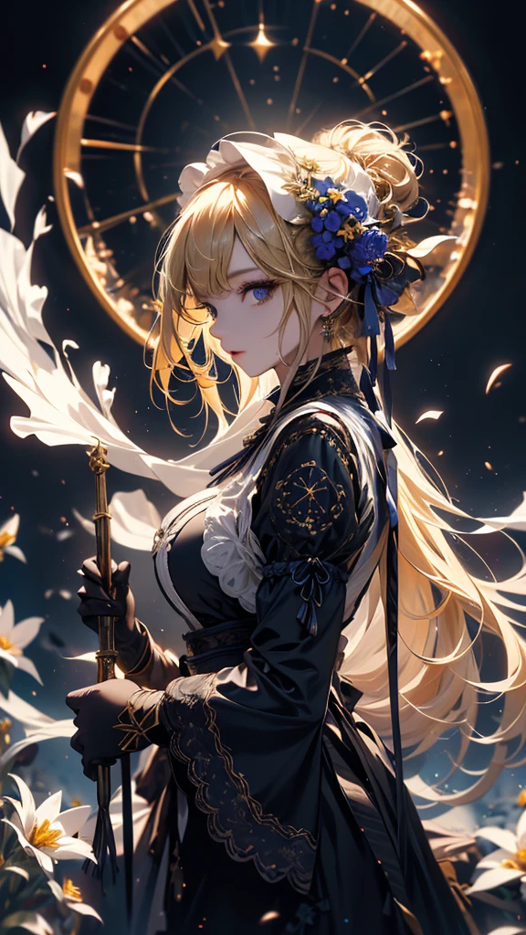 masterpiece, high quality, 4K, Beautiful design, silhouette，blonde， 非常に詳細な夜のStarry Sky,Flower Field， wonderful, Finer details,  Very knowledgeable woman, Highly detailed solo, 1 female,Big Breasts，Gothic Lolita Fashion，Night view，Starry Sky，full moon，