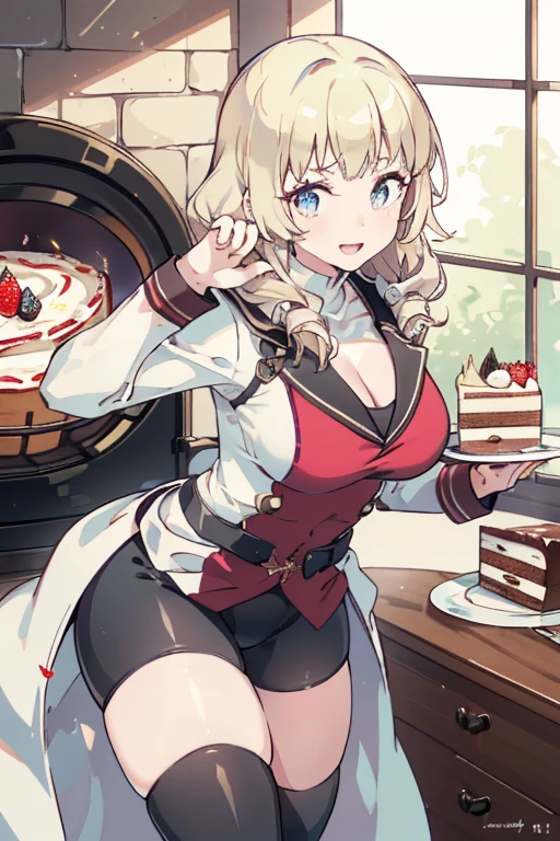 (dynamic angle:1.3, front view:1.1, breast focus:1.3, from above:1.1), (dynamic posing:1.2, sexy posing:1.2), (seductive smiling:1.3), ((looking at cake,Taking a cake out of the golden oven, worried about the outcome:1.2)),highest quality、(real、photorealistic:1.4),(ultra high resolution, 8K RAW photo, clear focus), best qualtiy, natural lighting, field depth, (Bright pupils, detailed beautiful eyes, high detailed face), Red lip, (tight focus:1.2), a girl 22yo old, Wearing a pastry chef uniform:1.3 , Thicc, thin breast, long hair, blue eyes,garter stocking, cleavage:1.2, midriff, black shorts, black thighhighs, thigh strap, pretty girl, (highly detailed beautiful face and eyes,firm breasts),real skin,((black,hair,long pony tail hair)),thin pubic hair,cute,lovely, detailed eyes,(double breasted:1.0,under bust:1.0),(with sparkling eyes and a contagious smile),open mouth, Looking at Viewer,A scene of cooking in the kitchen,looking at the golden oven