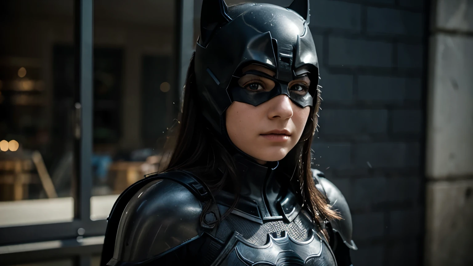 14 year old girl with very detailed Batman steel armor