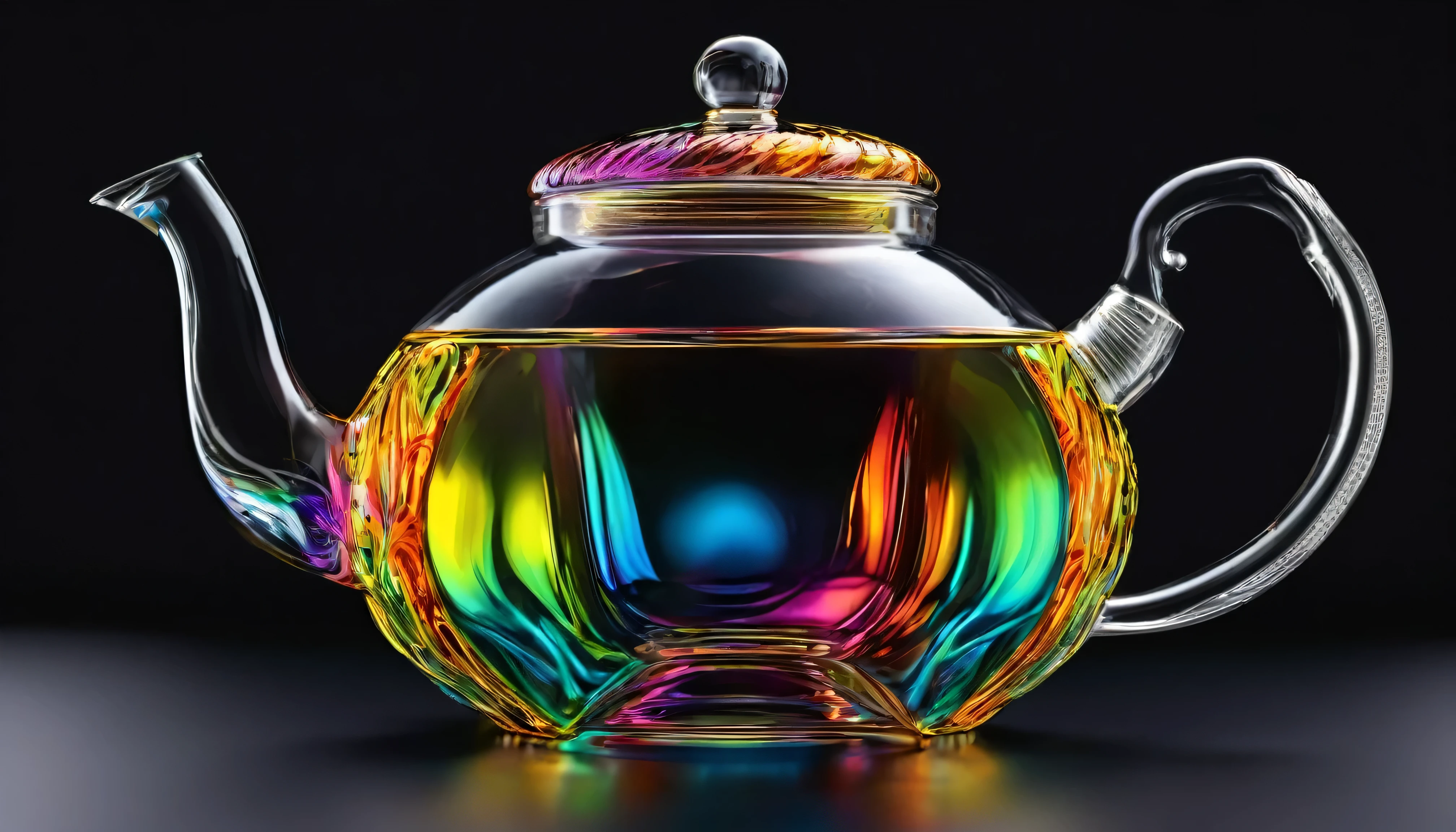 one colorful glass teapot at black backgroud, vivid colors, black background, highly detailed, photorealistic, 8k, masterpiece, clear reflections, intricate design, glossy surface, translucent glass, elegant composition