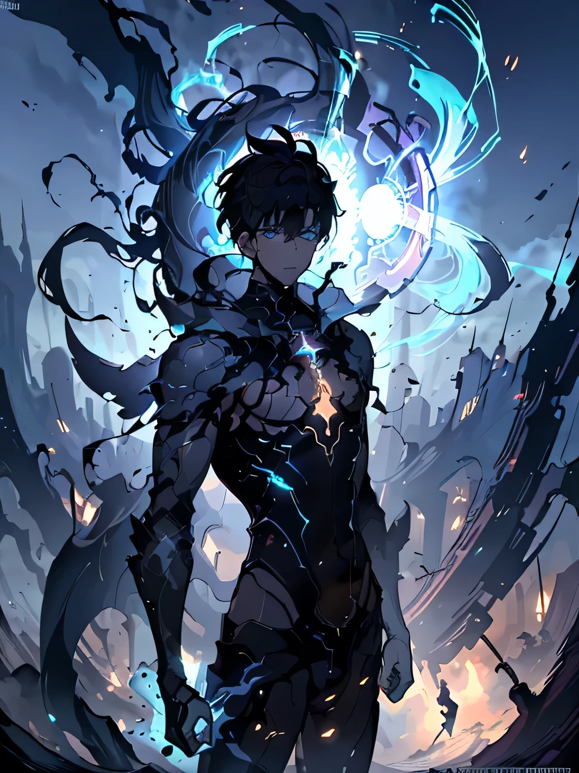 a young man in his twenties, cool pose, holding cyan spell in left hands, sparks around him, army of skeletons, destroyed city, detailed character, intricate details, 2d digital art, cinematic lighting, moody atmosphere, dark fantasy, high contrast, vibrant colors, 4k ,8k, masterpiece
