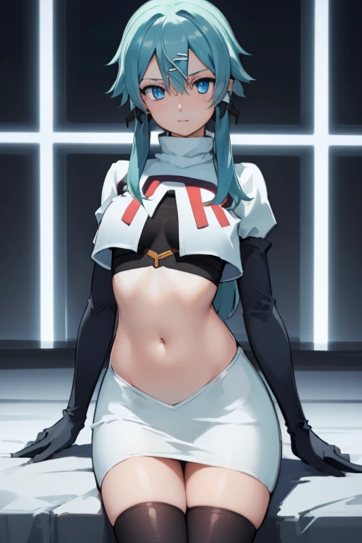 masterpiece, best quality, highres, 1girl, sinon1, hair ornament, hairclip, team rocket,team rocket uniform,white skirt,red letter R,crop top,black thigh-highs,black elbow gloves, BREAK (masterpiece:1.2), best quality, high resolution, unity 8k wallpaper, (illustration:0.8), (beautiful detailed eyes:1.6), extremely detailed face, perfect lighting, extremely detailed CG, (perfect hands, perfect anatomy)
