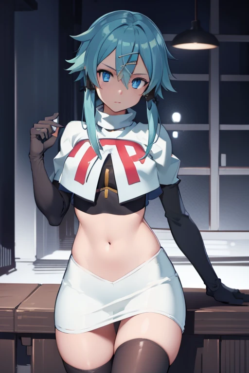 masterpiece, best quality, highres, 1girl, sinon1, hair ornament, hairclip, team rocket,team rocket uniform,white skirt,red letter R,crop top,black thigh-highs,black elbow gloves, BREAK (masterpiece:1.2), best quality, high resolution, unity 8k wallpaper, (illustration:0.8), (beautiful detailed eyes:1.6), extremely detailed face, perfect lighting, extremely detailed CG, (perfect hands, perfect anatomy)