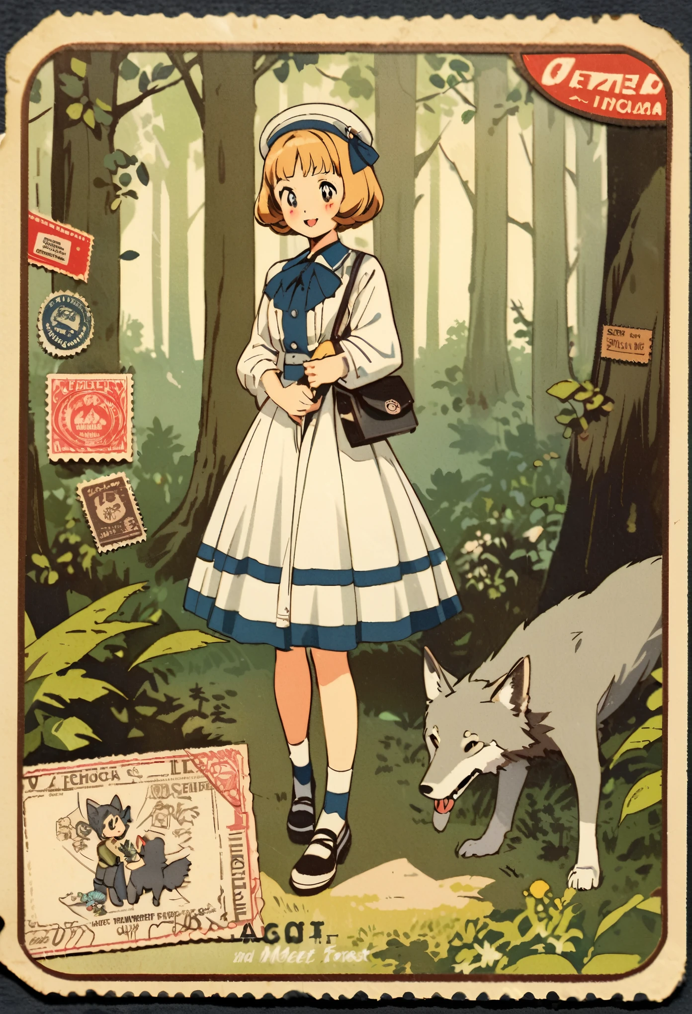 ephemera, label, retro, Vintage, stamp, A girl and a wolf meet in the forest,