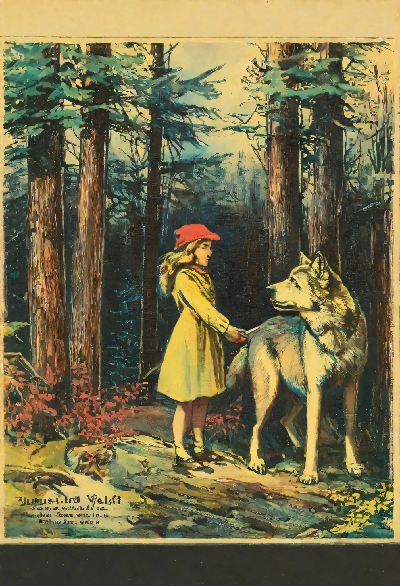 ephemera, label, retro, Vintage, stamp, A girl and a wolf meet in the forest,