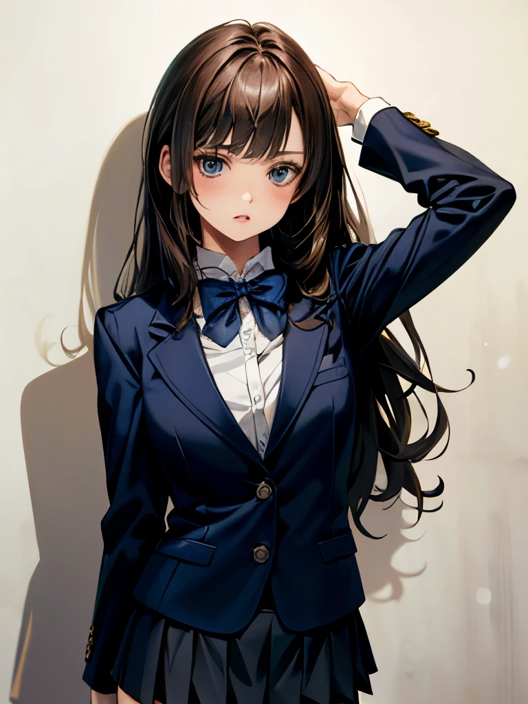 (masterpiece:1.2, highest quality), (Realistic, photoRealistic:1.4), Beautiful illustrations, (Natural Side Lighting, Cinema Lighting), ,
, (Face Focus, Upper Body, Front view:0.6), 1 girl, high school girl, Japanese, Perfect Face, Perfect Anatomy, Cute and symmetrical face, (Round face), Shiny skin,
(Semi-long hair、Loose and fluffy perm、Brown Hair), Blunt bangs, blue eyes, Big eyes, Long eyelashes, (Mid-chest),
Beautiful Hair, Beautiful Face, Beautiful details, Beautiful clavicle, Beautiful body, Beautiful breasts,
(((navy , navy school blazer:1.2, navy pleated mini skirt), Closed blazer, Grey bow tie, White collared shirt), (Bust Shot),
(White wall background), Are standing, (Stretch your body), (Surprised expression),
