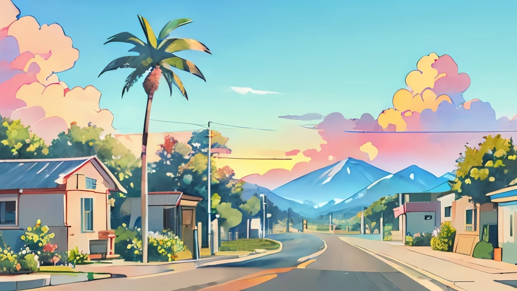 No humans, Outdoors, skyporn, utility pole, tree, Scenery, day, cloud, plant, Blue sky, volcano road, building, bush, palm tree, Painting (Medium), watercolor paiting (Medium), Town, retrowave, vaporwave, sunset drive
