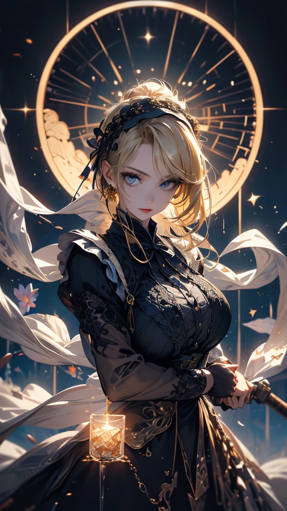 masterpiece, high quality, 4K, Beautiful design, silhouette,blonde, 非常に詳細な夜のStarry Sky,Flower Field, wonderful, Finer details, Very knowledgeable woman, Highly detailed solo, 1 female,Big Breasts,Gothic Lolita Fashion,Night view,Starry Sky,full moon,