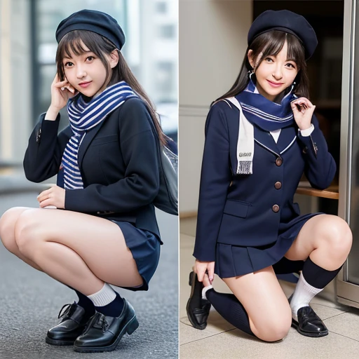 Multiple people、Composition from behind,bus stop、 Long black hair、Japanese、high school student、(((school uniform、Winter clothes、Sailor suits worn by Japanese female students、Navy blue sailor collar、scarf、mini skirt, Small beret、Knee-high socks、loafers))),(Beautiful Faces)、Thin clavicle、((Slim and large))、((Lady Idol System))、(((Beautiful and cute)))、Nipple Ring、Drawing the whole body from the knees、(Large saggy breasts:1.2)、Firm big ass、、bare hands、Girls are in the lead、後ろにMiddle-aged office worker、(((Casually、Touching the butt、Middle-aged office worker)))、Skirt that flips up、White panties、One Woman、Two Men