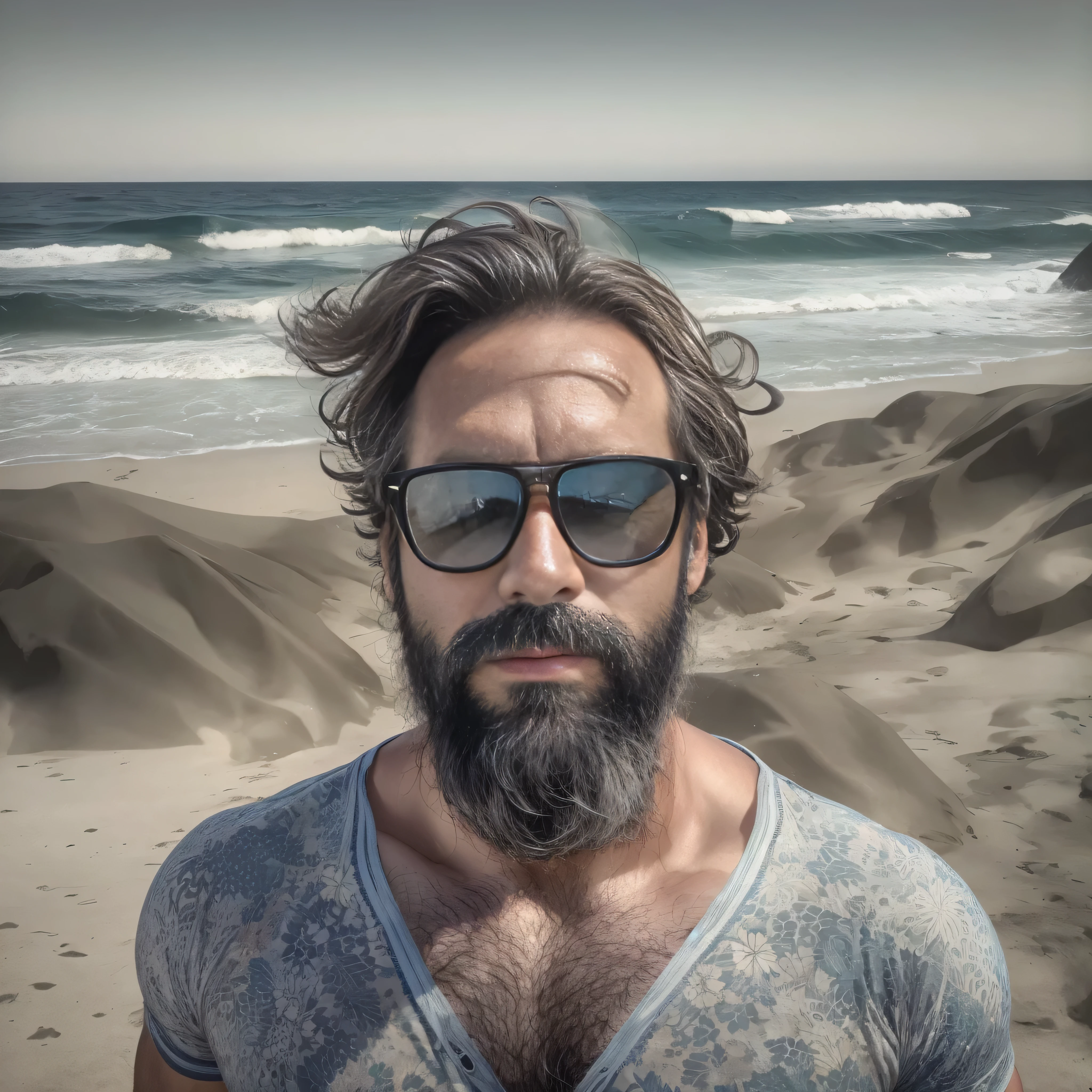 Create an image of a 38-year-old man with a beard and lots of chest hair.. he wears sunglasses. The man should have a confident and relaxed expression.. La escena es una playa soleada con cielos azules claros., Arena blanca y suave, y suaves olas al fondo. The man is standing near the coast with the ocean behind him.. He is dressed in casual beach clothes., like swimsuits and flip flops. The image must be of the highest quality., con piel texturizada y detalles realistas.