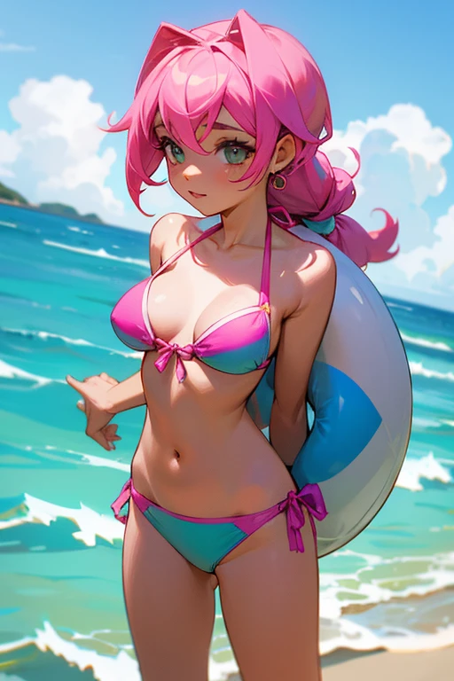 Garota de cabelo rosa, olhos rocho ,in colorful bikini, em fundo branco
