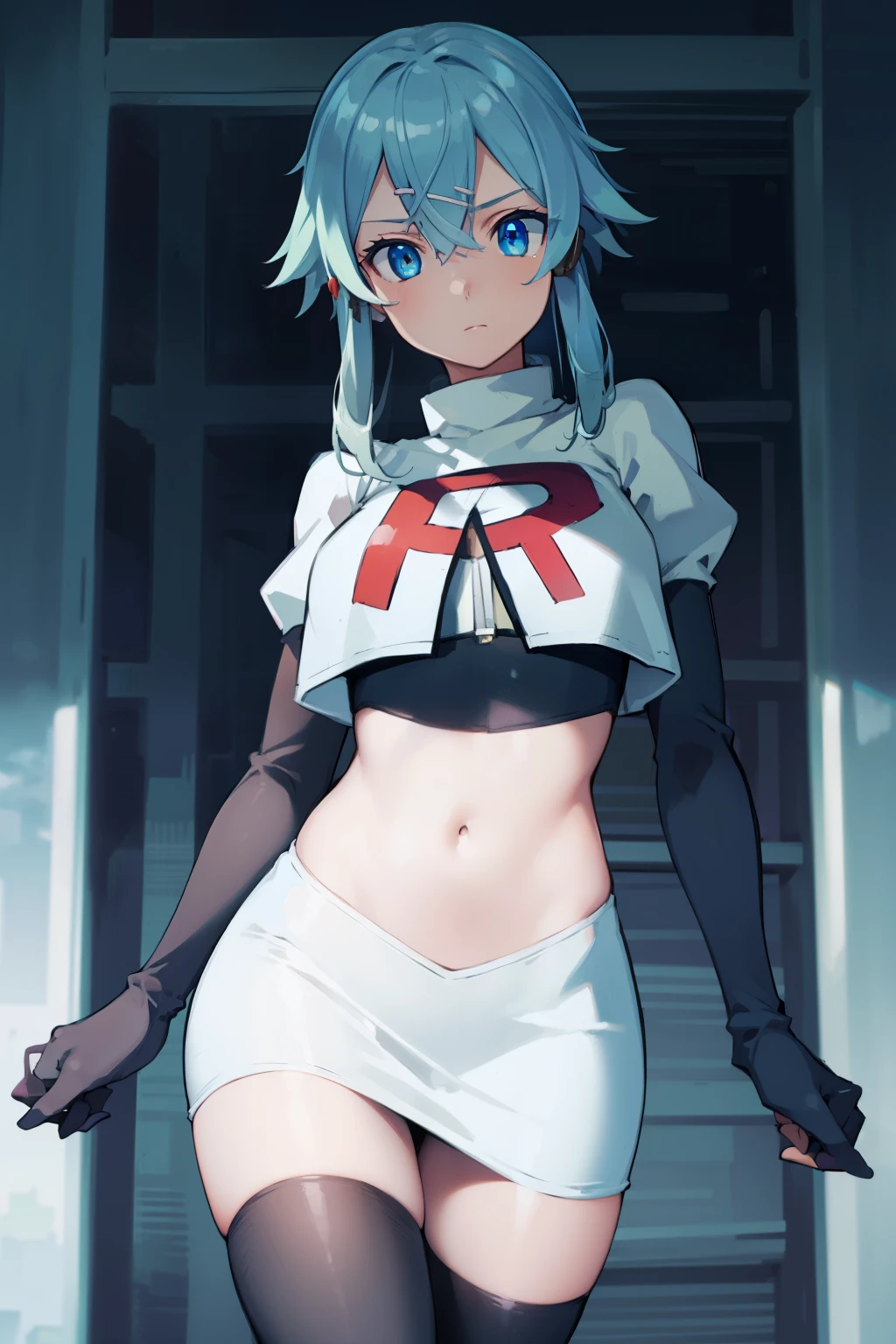 masterpiece, best quality, highres, 1girl, sinon1, hair ornament, hairclip, team rocket,team rocket uniform,white skirt,red letter R,crop top,black thigh-highs,black elbow gloves, BREAK (masterpiece:1.2), best quality, high resolution, unity 8k wallpaper, (illustration:0.8), (beautiful detailed eyes:1.6), extremely detailed face, perfect lighting, extremely detailed CG, (perfect hands, perfect anatomy)