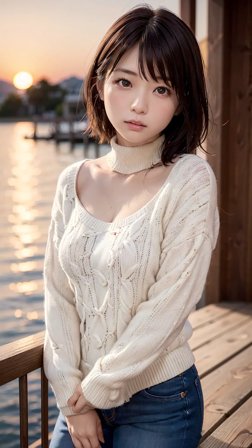 japanese girl, , little, cutete oversized knitted sweater:1.3), on the beach, Sunset over the sea, pupils sparkling, brown short hair, depth of field, f/1.8, anatomically correct, textured skin, super detail, high details, high quality, super detail, high details, high quality, best quality, highres