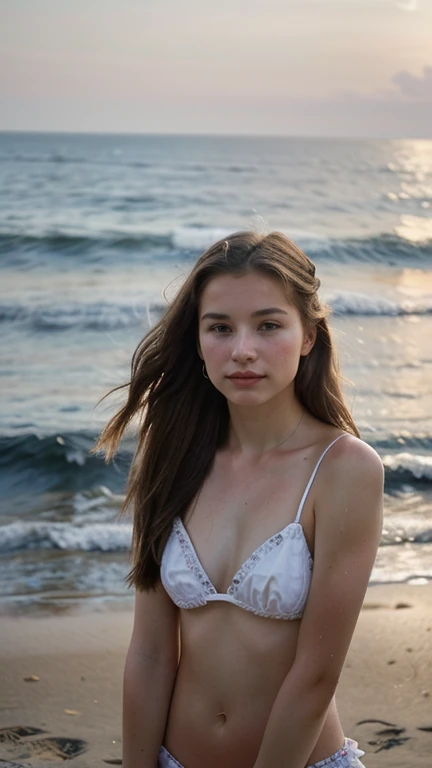 Seeking a skilled photographer to capture a stunning high-resolution portrait of a young Russian girl on the beach, capturing her natural beauty and innocence. The subject should exude charm and grace, with emphasis on her youthful features and the serene backdrop of the ocean. The girl's height should be conveyed through the composition, highlighting her stature relative to her surroundings. Preference given to photographers with experience in portrait photography and capturing the essence of youth and natural beauty."