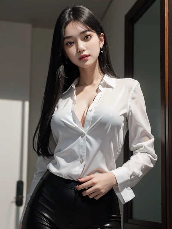 (Masterpiece, Hyperrealistic, 8k, HDR, RAW), ((Inside illumination)), glass panel at background, ((Inside of a skycraper))), ((Pretty girl)), Chinese girl, sexy girl, ((Pale skin)), 18 years old, ((Black hair)), ((Brown eyes)), ((Black Blazer)), ((White blouse)), ((black trouser)), ((Straight hair)), ((Slim body with female curves)), sexy face, big eyes, grin, perfect anatomy