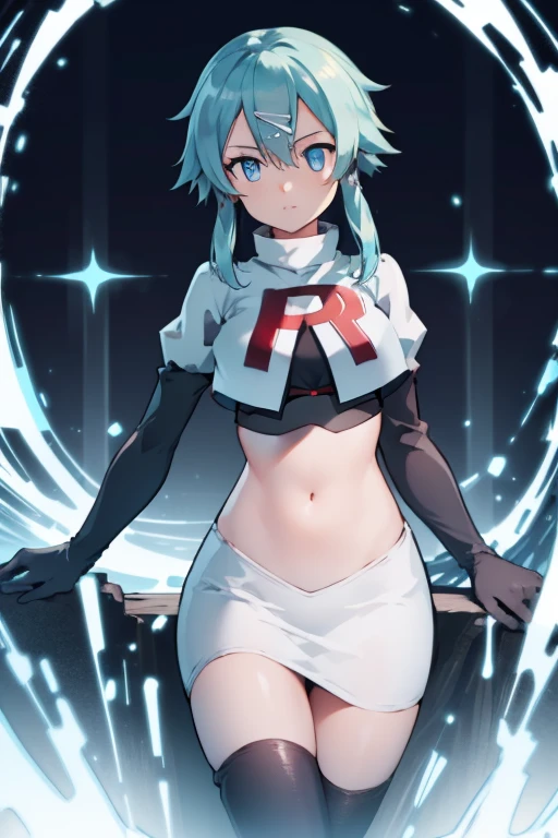 masterpiece, best quality, highres, 1girl, sinon1, hair ornament, hairclip, team rocket,team rocket uniform,white skirt,red letter R,crop top,black thigh-highs,black elbow gloves, BREAK (masterpiece:1.2), best quality, high resolution, unity 8k wallpaper, (illustration:0.8), (beautiful detailed eyes:1.6), extremely detailed face, perfect lighting, extremely detailed CG, (perfect hands, perfect anatomy)