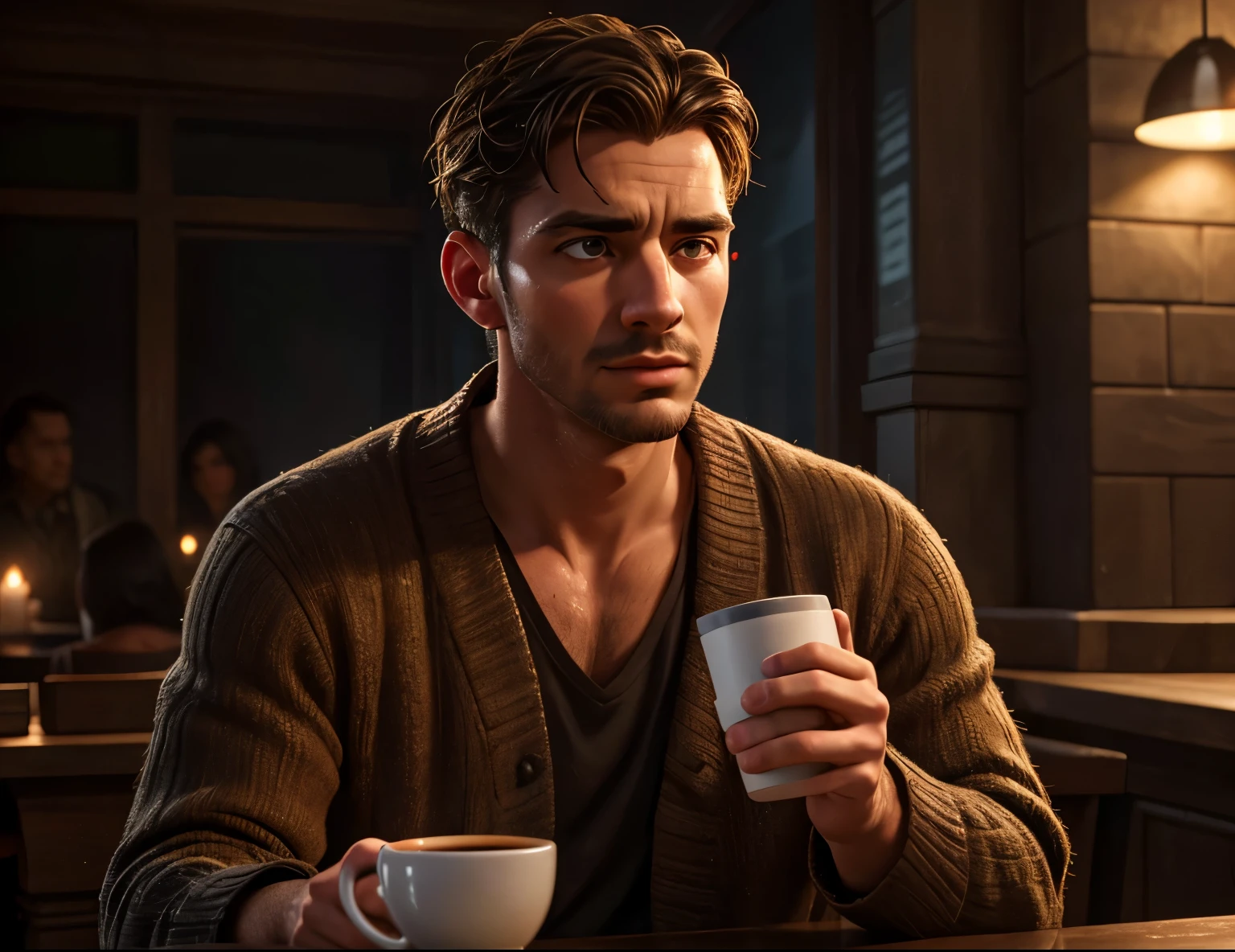 a tired man drinking a cup of coffee, detailed facial features, detailed eyes and lips, realistic, photorealistic, detailed skin texture, 5k, ultra-detailed, masterpiece, painting, dramatic lighting, warm color tones, moody atmosphere, cinematic composition, depth of field, high quality