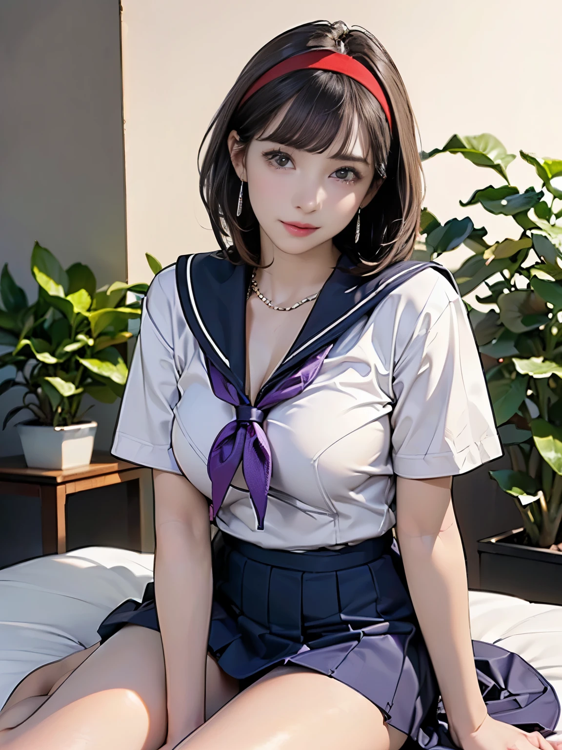 ((((highest quality))))、(((Ultra-precision CG16K wallpaper)))、(((masterpiece)))、(((Very detailed)))、(((Very detailed)))、((29 year old woman:1.6))、((とてもbeautiful日本人の顔))、((Pantieot included.:1.5))、(Naked from thst up:1.5)((Straight semi-hair、Blunt bangs:1.5))、(Shiny brown hair)、ful Eyes、Clear pupils、eyeliner、eye shadow、High nose、Small nostrils、Small Mouth、Seductive lips、beautiful breasts、((C cup size breasts)age、beautiful feet、eided body、Palance、Perfect Anatomy、Perfect composition、beautiful detailed shading、beautiful, Natural light、beautiful detail glow、Written boundary depth、(((High chroma)))、(((Genuine:1.9)))、((Vivid:1.5))、((beautiful Skin))、((Skin Texture))、((Genuineな皮膚感))、(((Cowboy Shot:1.6)))、((Front view、Shoot from the front、Front Low Angle:1.6))、(((smile:1.3)))、((Women are watching this、Show ook forward to:1.6))、Bright sunlight、Natural light、(((Room with bed、Foliage plant:1.5)))、(Fashion model posing:1.6)、(((Red school girl in a sailor suit、Pleated mini skirt:1.6)))、((hair band、Earrings、Wearing a necklace:1.3))、(((Woman sitting on bed with legs spread:1.6)))、