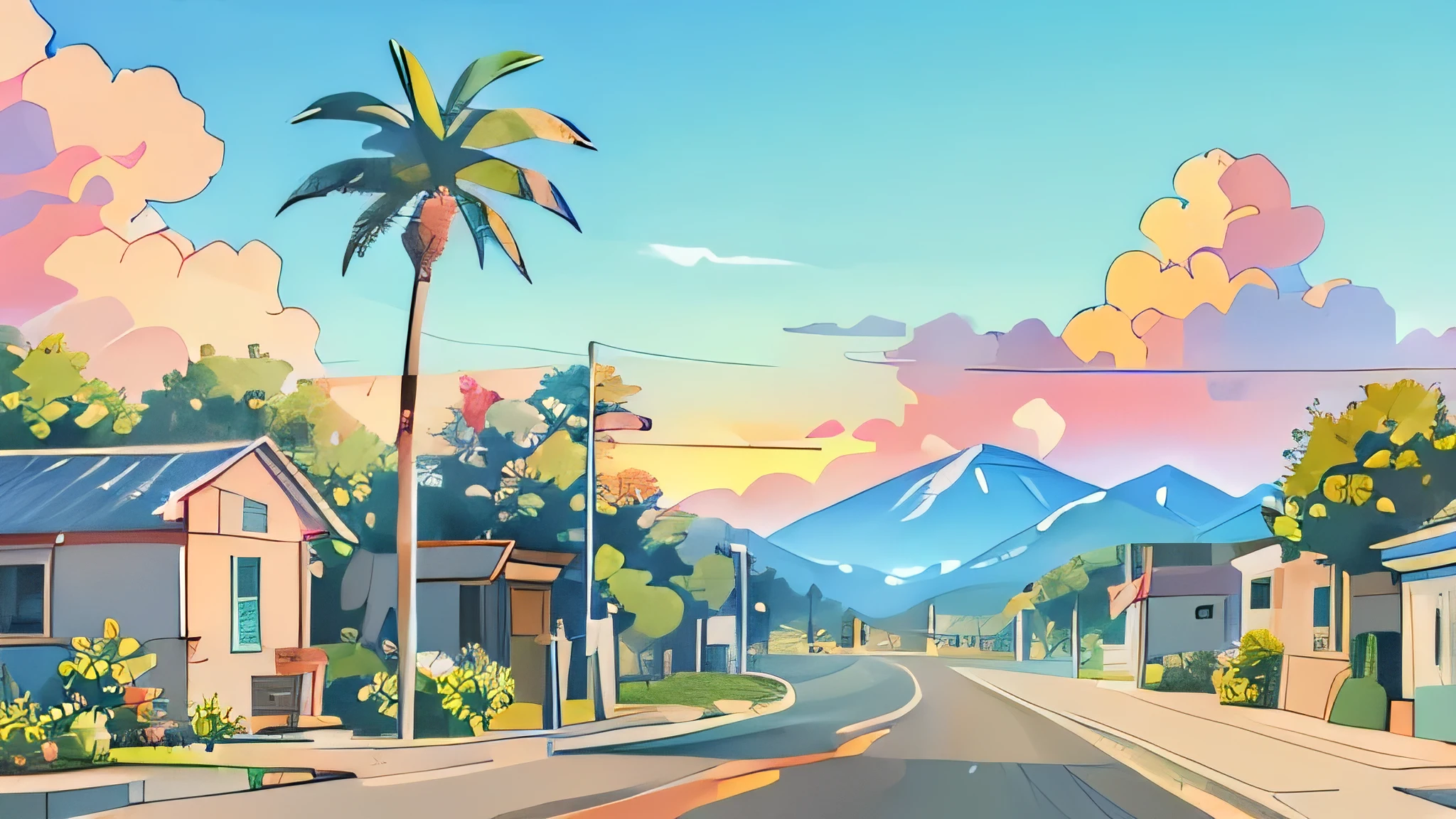 No humans, Outdoors, skyporn, utility pole, tree, Scenery, day, cloud, plant, Blue sky, volcano road, building, bush, palm tree, Painting (Medium), watercolor paiting (Medium), Town, retrowave, vaporwave, sunset drive