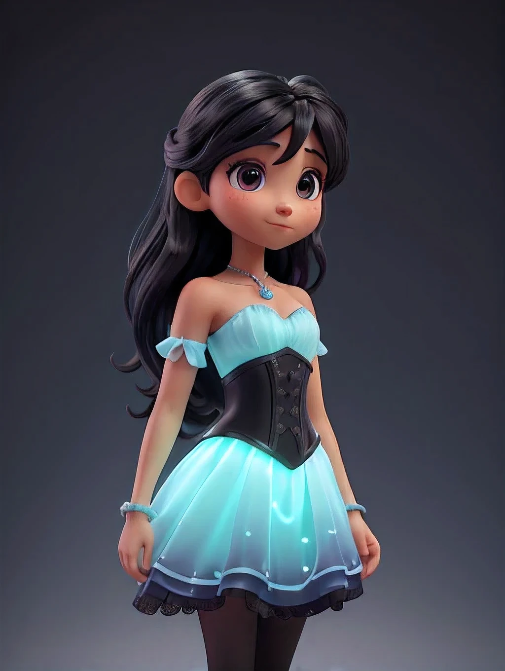hada con un par de alas grandes con destellos luminosos y brillantes, orejas de elfo puntiagudas, cabello exageramente largo y rizado. Cabello negro rizado. Cabello con reflejos detallados. Wear detailed heart-shaped intense black corset with arm sleeve. Su falda negra cae con gracia como flotando, costume has a subtle and light gradient of cold neon tones. with bare shoulders and collarbone, translucent evening flowers and fairy dust decorating the entire dress, descalzo, cadenaj decorando el tobillo, Ojo negro, piel morena perfecta, realista, long eyelashes, ojos delineados, colores intensos, solo en una escena, cuerpo completo, Fondo blanco, 8K, fondo borroso, segundo plano, levita do sobre el suelo. P