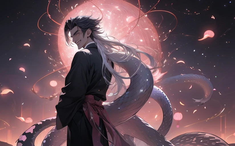 There is one young handsome thin man, a male nine-tailed silver snake from Japanese mythology with long hair, in clothes, his nine tails spread like a fan spike his back, he laughs, he smiles thoughtfully, (masterpiece), full-length, facing the viewer, surrealism, fantastic lighting, fireflies, sequins, the overall tone is silvery-pink