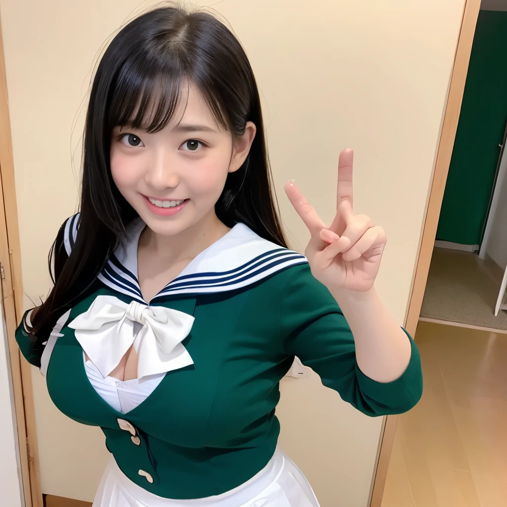女の子1 person, alone, highest quality, 8k, Japanese women photos, , kindergartenてストレートなBlack Hair,, ((Plump)), ((Big Breasts)),Sailor suit,Sailor suit,, The best smile,Grow eyes, Shining happiness, Caring personality, Sweet feminine aura, Calm but firm attitude, Lightly freckled cheeks, A spirit of warmth and joy, Discreet and perfect for class,Eyes that shine with devotion, a humble and dedicated kindergarten teacher, 1 Breasts,Big Breasts,Sailor suit,mini skirt,Black HairのストレートLong Hair,Long Hair,Black Hair,17 years old,valley,My chest is abouute pose,Cute pose,Purikura,Purikura,Finger Heart,The whole body was photographed,The whole body was reflected,Leather shoes,Solid green background,Solid green background,Green background