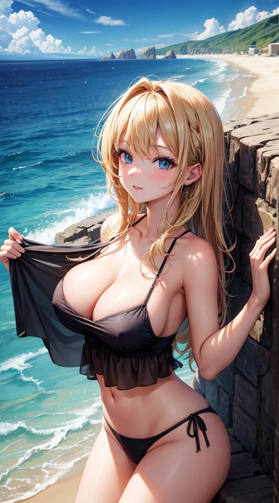 highest quality, High resolution, masterpiece, 4K，blonde，Big Breasts，camisole，Sandy Beach，water&#39;horn，Wet body，On all fours，Looking into the camera，sunset，sunset，