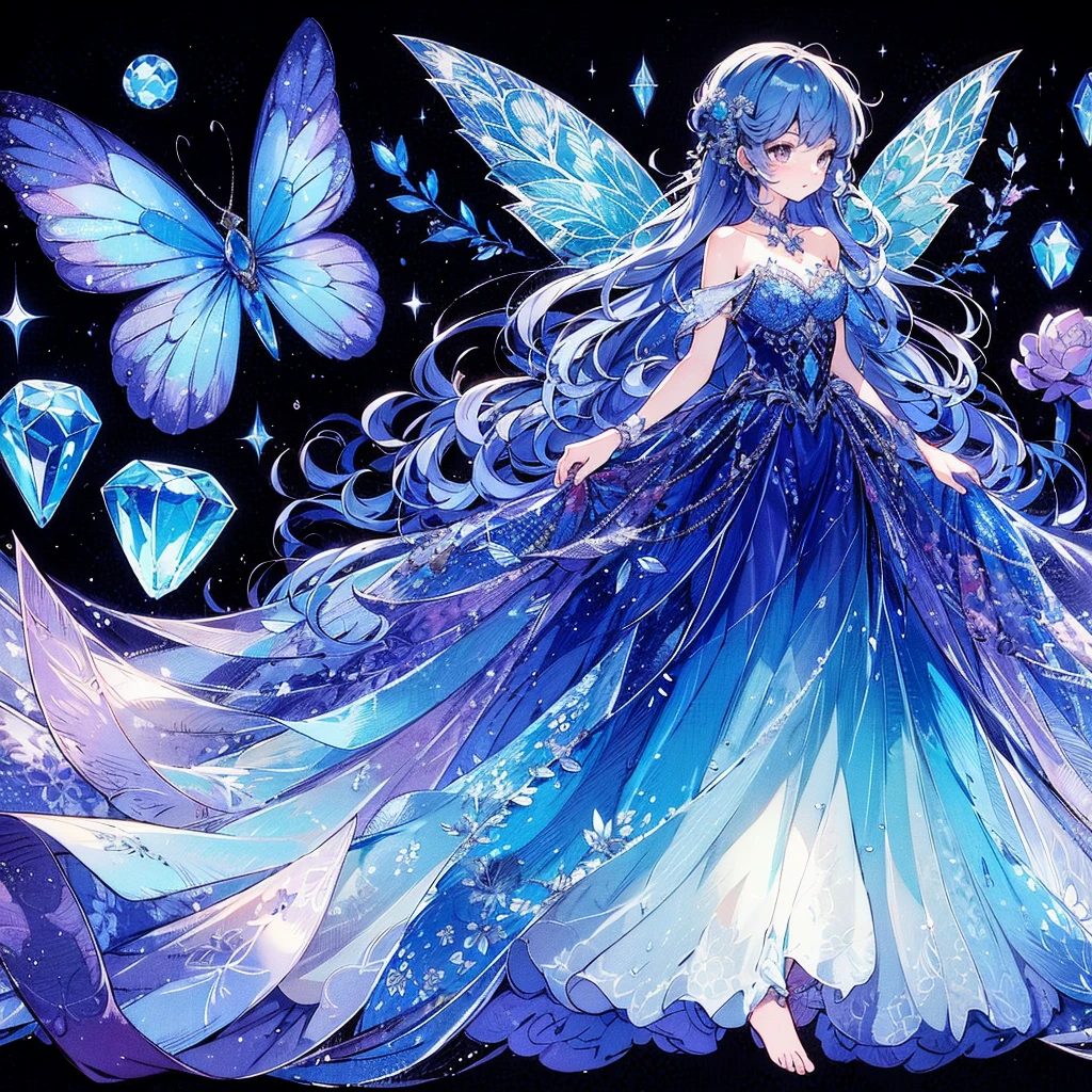 (Exquisite, beautiful, Very detailed, masterpiece, high quality,High resolution),(柔らかく細い線で描かれアクアマリンの宝石が背景に描かれた青から紫の多色性豊かな奥深い青色のbeautifulドレスの可愛いデザインのイラスト),鮮やかな紫でドレープされたペプラムがコルセットの下部分に左右対称に付いていてリボンとアクアマリンが飾られていて中に丈の長い白いパニエを履きコルセット部分にアクアマリンをあしらっている丈の長いプリンセスラインのドレスを透き通ったbeautiful妖精の羽が生えたbeautiful女の子が着ている, A lovely, fantastical princess dress inspired by aquamarine.,
