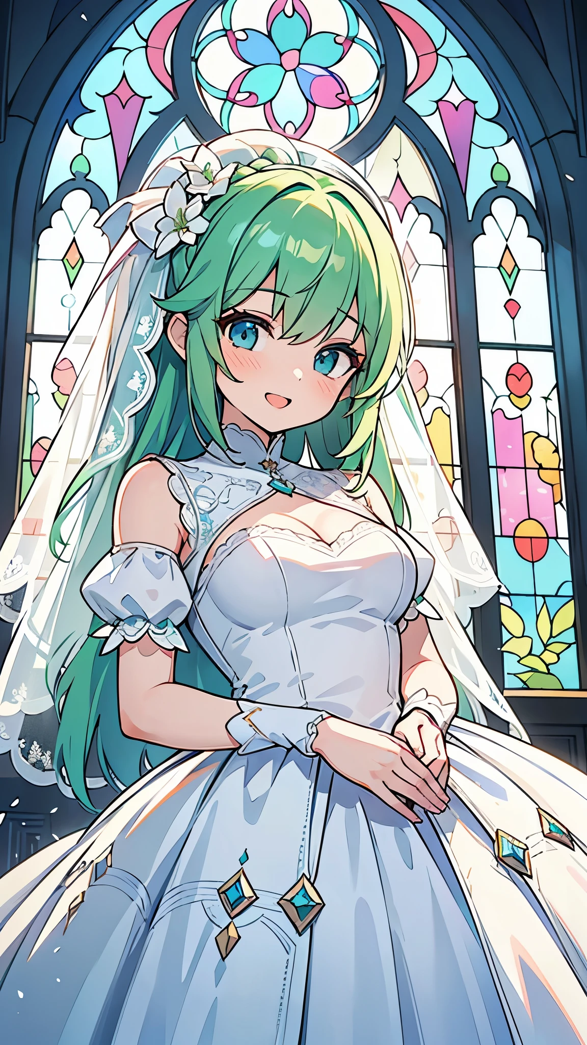 ((A Pretty girl with green hair and blue eyes)), ((wearing the white wedding dress)), Baby face, ((top-quality, master piece, ultra-definition, high resolution)), anime girl, ((ultra-detailed illust:1.2)), only one person, bangs, hair between eye, beautiful hair, Beautiful eyes, medium breast, Big smile, opened mouth, in front of the stained glass windows of the church