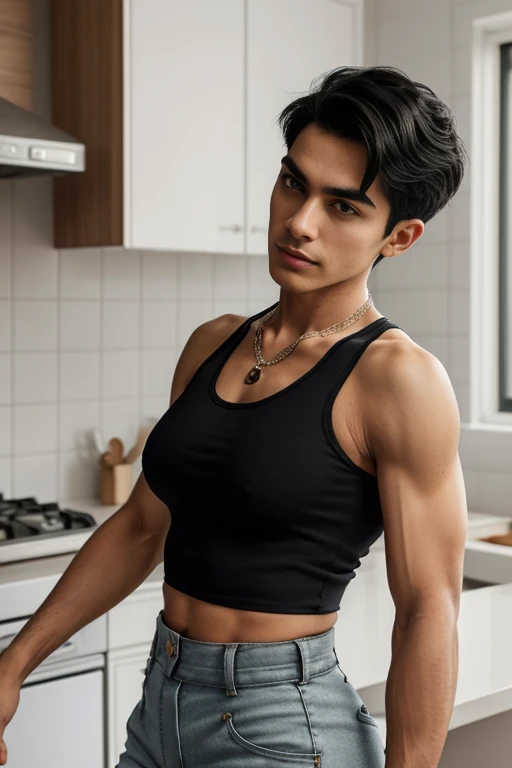 (detailed skin:1.3), french, 30 years old, black hair, short masc haircut, (masculine androgynous face:1.2), thin waist, wide jaw, big chin, thick eyebrows, minimal make-up, natural skin, hyper realistic skin, full body photograph, seductive pose, (very large breasts:1.1), naturally breast, simple necklace, in the kitchen, (wearing tank top and high waisted shorts:1.2)