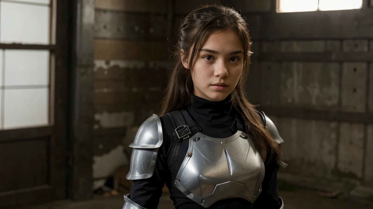  girl with very detailed full body ninja steel armor