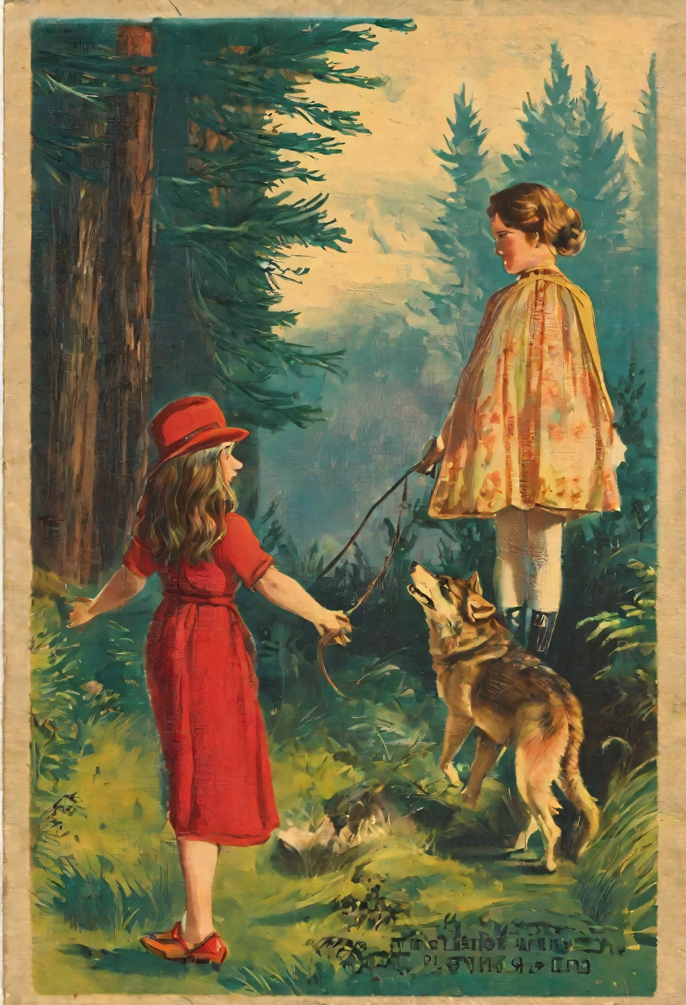 ephemera, label, retro, Vintage, stamp, A girl and a wolf meet in the forest,