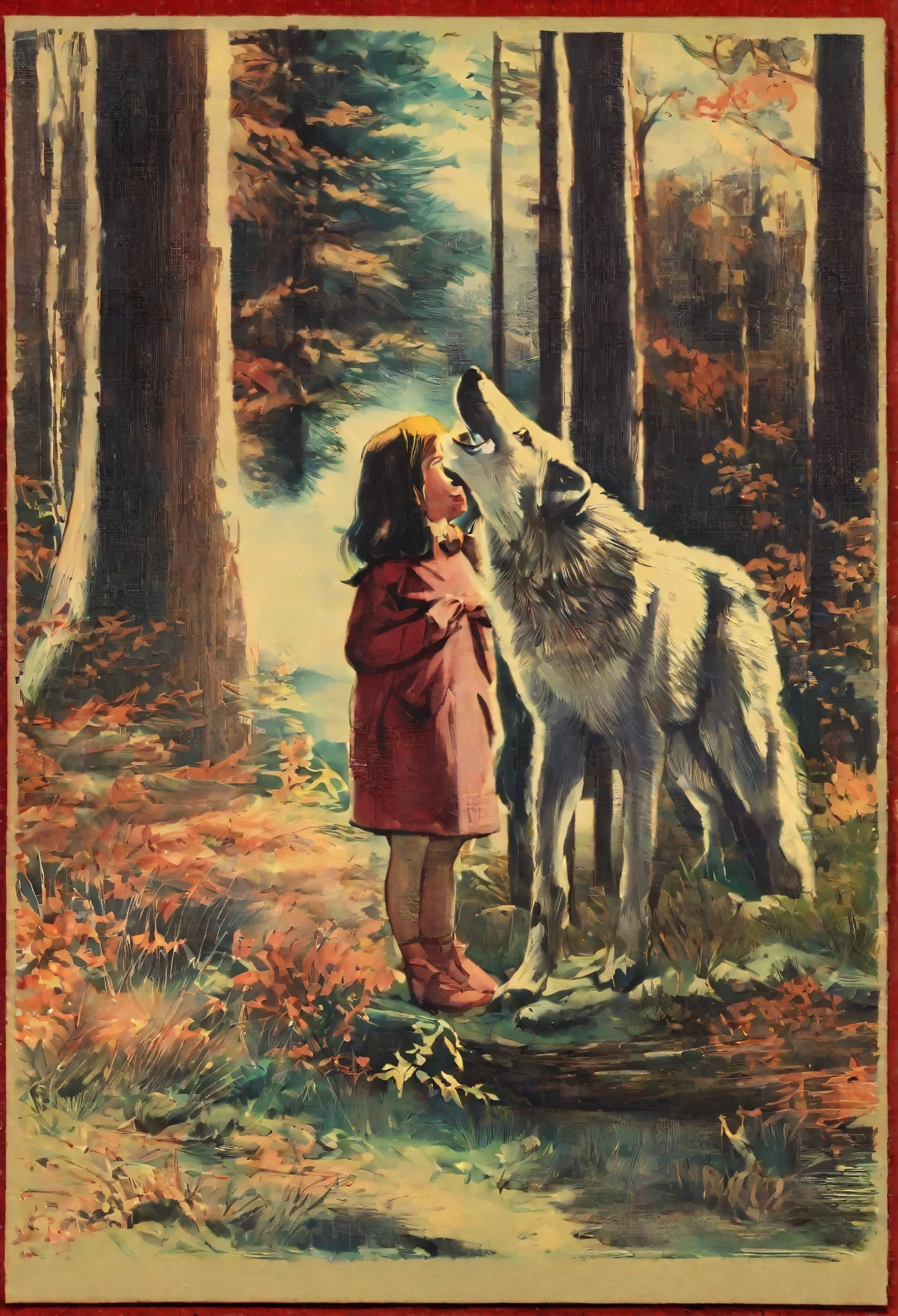 ephemera, label, retro, Vintage, stamp, A girl and a wolf meet in the forest,