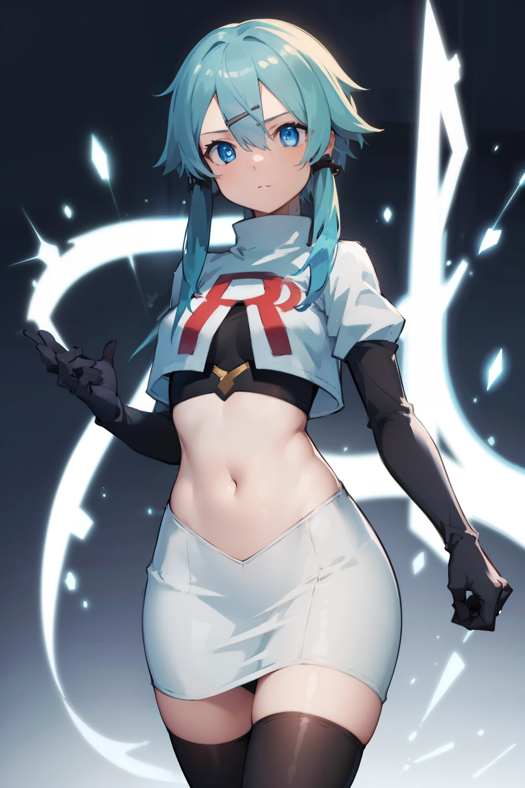 masterpiece, best quality, highres, 1girl, sinon1, hair ornament, hairclip, team rocket,team rocket uniform,white skirt,red letter R,crop top,black thigh-highs,black elbow gloves, BREAK (masterpiece:1.2), best quality, high resolution, unity 8k wallpaper, (illustration:0.8), (beautiful detailed eyes:1.6), extremely detailed face, perfect lighting, extremely detailed CG, (perfect hands, perfect anatomy)