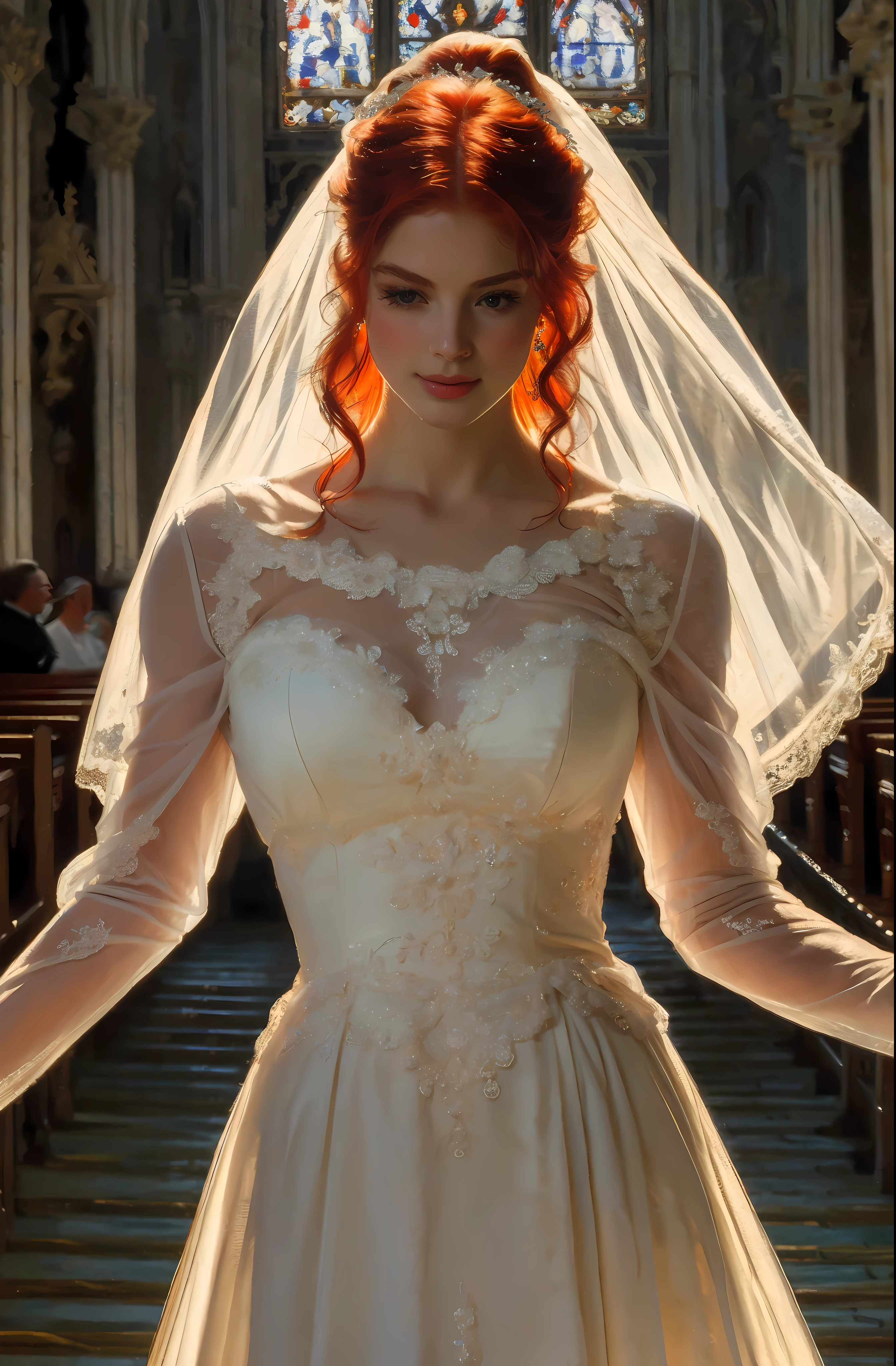 Create an image that captures the essence of classical art and award-winning painting, drawing inspiration from Monet oil paintings. Visualize a enchanting oil painting of beautiful red hair female wearing white lace wedding dress in a Chapel. Her skin should be meticulously detailed, with eyes that glow with life, and a facial structure that fits the golden ratio of attractiveness, including clear double eyelids. | She is moving with a dynamic and bold grace. The setting is a Chapel with an indoor garden, with her poised under the warm light of sunlight, casting striking shadows around her. Capture her from a low angle to reveal her whole body in a dynamic pose, adding to the intensity of the scene. She looks dreamy, her expression both engaging and ethereal. | Rendered in ultra-high detail and quality, this masterpiece ensures anatomical correctness and textured skin with super detail. With a focus on high quality and accuracy, this award-winning portrayal captures every nuance in stunning 16k resolution, immersing viewers in its lifelike depiction. | ((beautiful red hair female):1.1), ((white lace wedding dress):1.1), ((in a Chapel):1.1), ((indoor garden):1.1). | (((anatomical correctness))), (((perfect_fingers))), (((perfect_legs))), (((perfect_hands))), ((perfect_composition, perfect_design, perfect_layout, perfect_detail, ultra_detailed)), ((enhance_all, fix_everything)), More Detail, Enhance.
