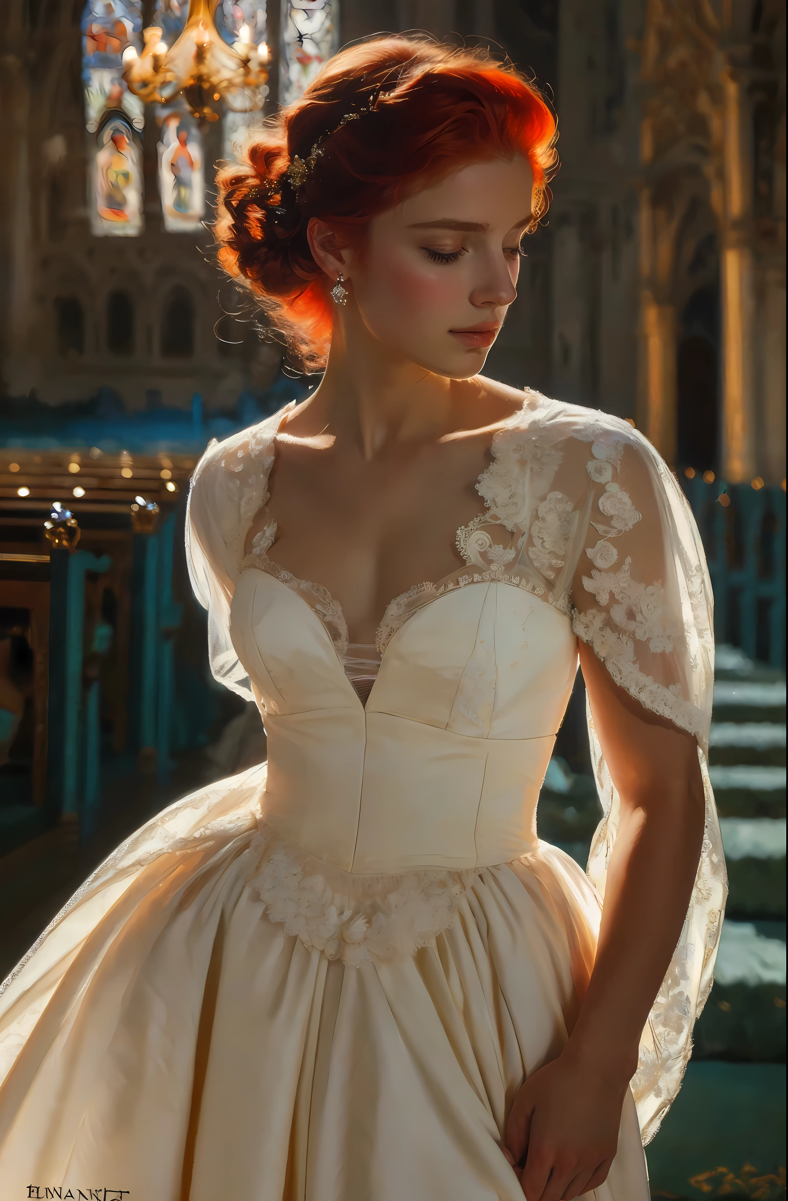 Create an image that captures the essence of classical art and award-winning painting, drawing inspiration from Monet oil paintings. Visualize a enchanting oil painting of beautiful red hair female wearing white lace wedding dress in a Chapel. Her skin should be meticulously detailed, with eyes that glow with life, and a facial structure that fits the golden ratio of attractiveness, including clear double eyelids. | She is moving with a dynamic and bold grace. The setting is a Chapel with an indoor garden, with her poised under the warm light of sunlight, casting striking shadows around her. Capture her from a low angle to reveal her whole body in a dynamic pose, adding to the intensity of the scene. She looks dreamy, her expression both engaging and ethereal. | Rendered in ultra-high detail and quality, this masterpiece ensures anatomical correctness and textured skin with super detail. With a focus on high quality and accuracy, this award-winning portrayal captures every nuance in stunning 16k resolution, immersing viewers in its lifelike depiction. | ((beautiful red hair female):1.1), ((white lace wedding dress):1.1), ((in a Chapel):1.1), ((indoor garden):1.1). | (((anatomical correctness))), (((perfect_fingers))), (((perfect_legs))), (((perfect_hands))), ((perfect_composition, perfect_design, perfect_layout, perfect_detail, ultra_detailed)), ((enhance_all, fix_everything)), More Detail, Enhance.