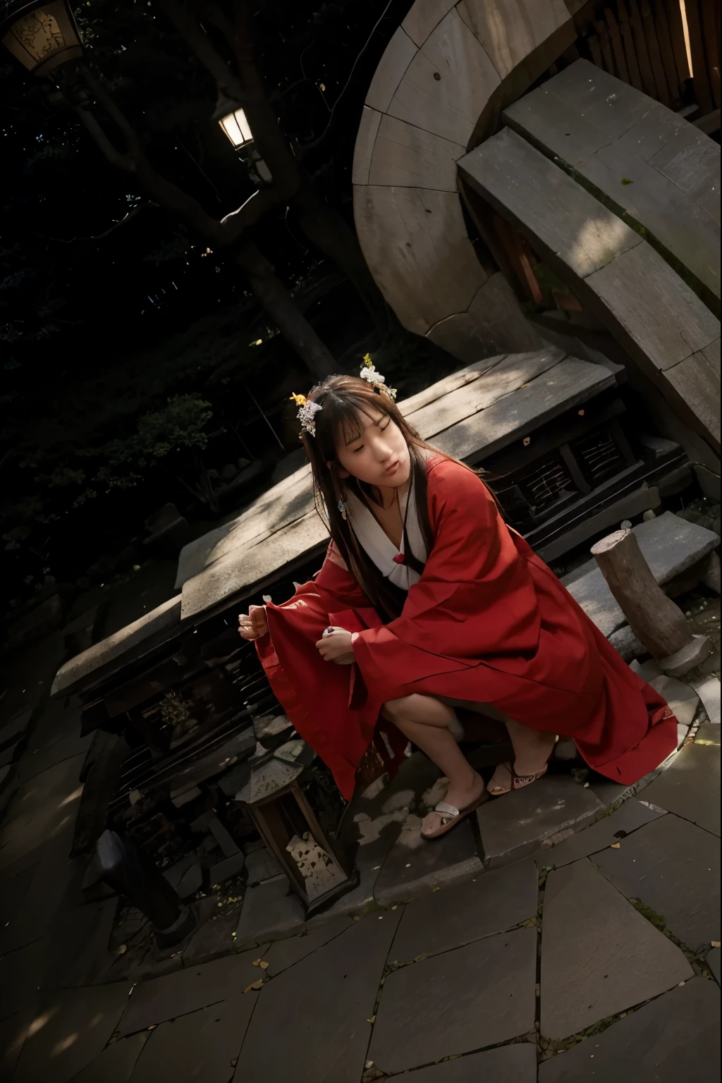 (Best quality, 8k, 32k, Masterpiece, UHD:1.2) "Imagine the serene and spiritually rich setting of the Higurashi Shrine from the world of InuYasha. Describe a traditional Shinto shrine situated in the heart of modern Tokyo, yet exuding an aura of ancient mystery and tranquility. The shrine grounds are meticulously maintained, with stone pathways leading to various shrine buildings, including the main hall, smaller auxiliary shrines, and the family's living quarters.

At the center of the shrine complex stands the Sacred Tree, or Goshinboku, a towering and majestic tree with an ancient, gnarled trunk and wide-spreading branches. The tree is a living relic, its bark bearing the scars of time, including the mark where InuYasha was once pinned by Kikyo’s sacred arrow. Its leaves rustle gently in the breeze, creating a soothing, whispering sound that adds to the shrine's tranquil atmosphere.

Describe the contrast between the bustling city life outside the shrine and the peaceful, almost timeless quality within its grounds. The shrine is a sanctuary where visitors come to pray, make offerings, and seek blessings. Kagome Higurashi, the shrine maiden, tends to the shrine with her family, performing traditional rituals and maintaining the sacred spaces.

Highlight the significance of the Bone-Eater's Well, a key feature within the shrine grounds. This ancient well, covered by a simple wooden structure, serves as a mysterious portal between the modern era and the feudal past. The area around the well is often bathed in a soft, ethereal light, hinting at its magical properties.

Describe the daily life at the Higurashi Shrine, focusing on Kagome's interactions with her family and the visitors who come to seek solace and guidance. Emphasize the spiritual significance of the Sacred Tree (Goshinboku) as a symbol of enduring strength and connection between the past and present, and its role in Kagome's journey between the two worlds."
