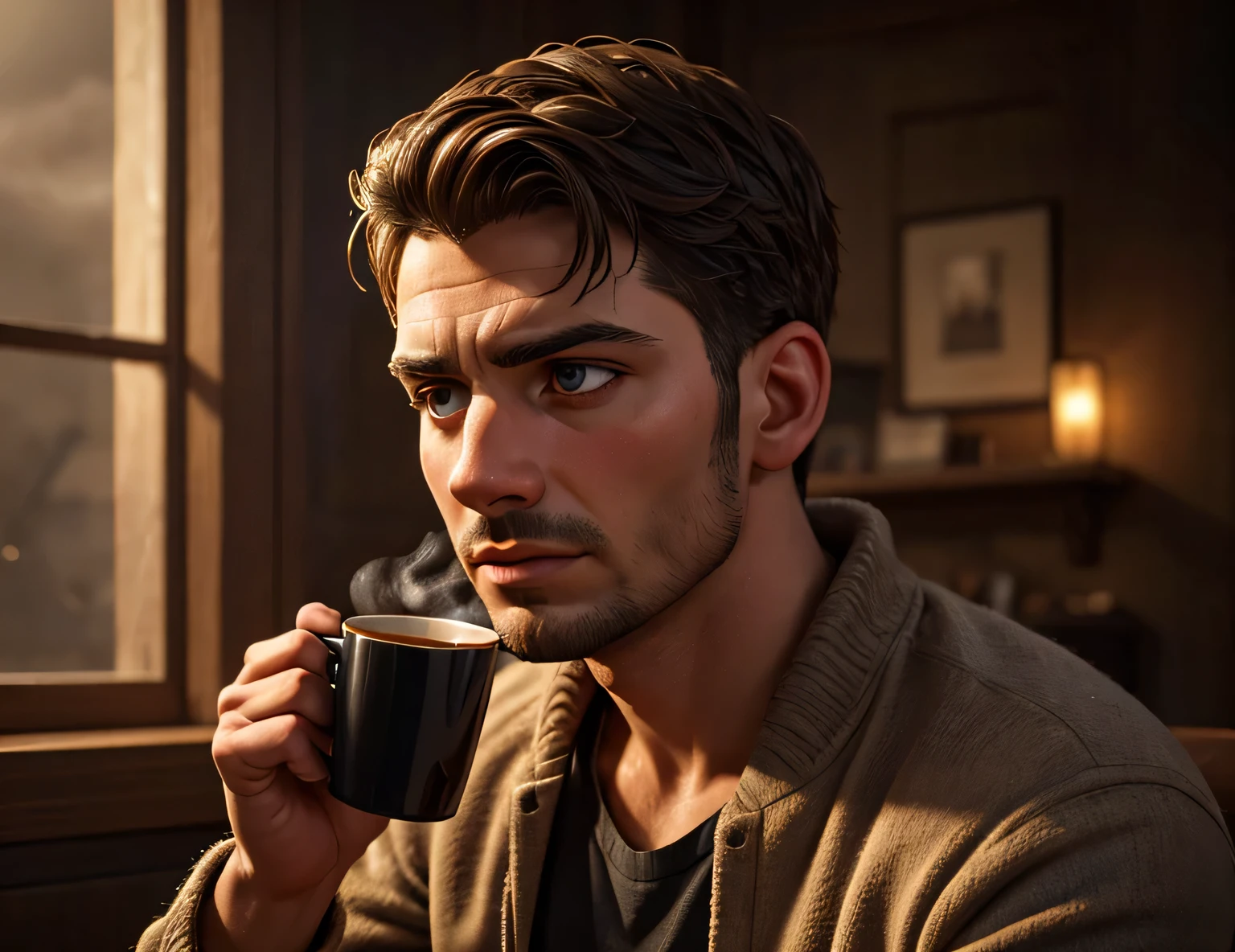 a tired man drinking a cup of coffee, detailed facial features, detailed eyes and lips, realistic, photorealistic, detailed skin texture, 5k, ultra-detailed, masterpiece, painting, dramatic lighting, warm color tones, moody atmosphere, cinematic composition, depth of field, high quality