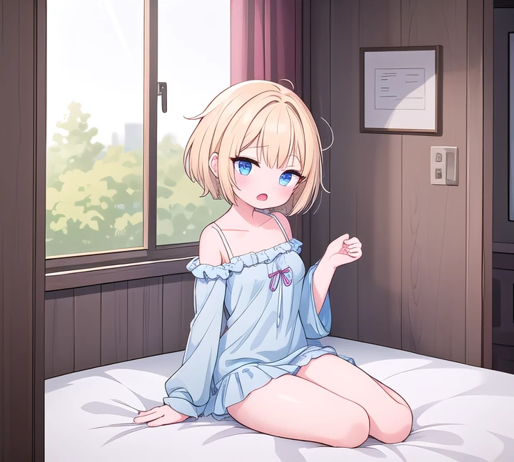 ((ultra detailed, masterpiece, best quality, 8k)), BREAK, 1girl, solo, (very flat breasts:1.4), (chibi:0.6),clear skinned female:1.2, ,(clear skin:1.8), blonde hair, short hair, pixie cut, wavy hair, blue eyes, wake up yawn, open mouth, covering mouth, pijamas, (white pijamas), window, morning, looking at viewer, sitting, seiza, waking up, on bed, full body, detailed hands, (transparent lingerie), wet girl, BREAK
