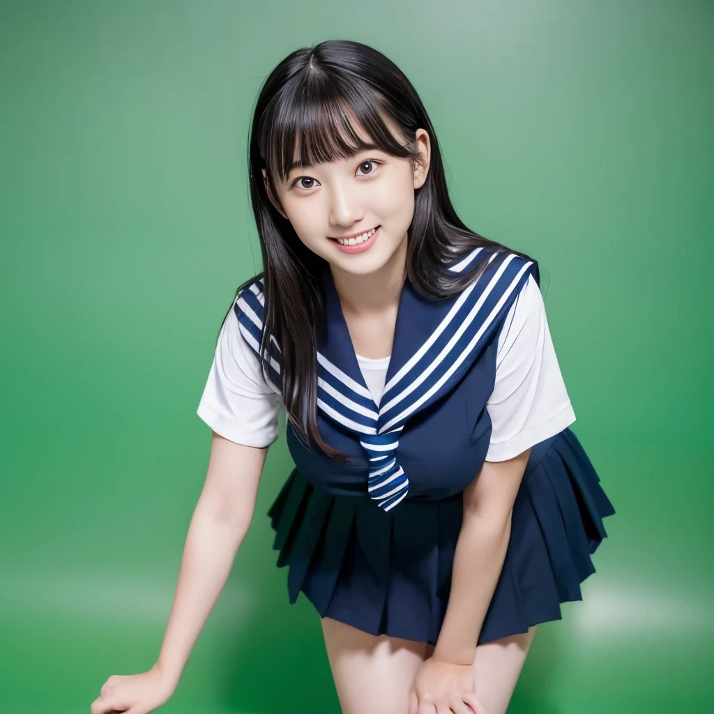 女の子1 person, alone, highest quality, 8k, Japanese women photos, 17 years old, kindergarten teacher, 長くてストレートなBlack Hair,, ((Plump)), ((Big Breasts)),Sailor suit,Sailor suit,, The best smile,Grow eyes, Shining happiness, Caring personality, Sweet feminine aura, Calm but firm attitude, Lightly freckled cheeks, A spirit of warmth and joy, Discreet and perfect for class,Eyes that shine with devotion, a humble and dedicated kindergarten teacher, 1 person,超Big Breasts,Big Breasts,Sailor suit,mini skirt,Black HairのストレートLong Hair,Long Hair,Black Hair,17 years old,valley,My chest is about to burst,Cute pose,Cute pose,Purikura,Purikura,Finger Heart,The whole body was photographed,The whole body was reflected,Leather shoes,Solid green background,Solid green background,Green background