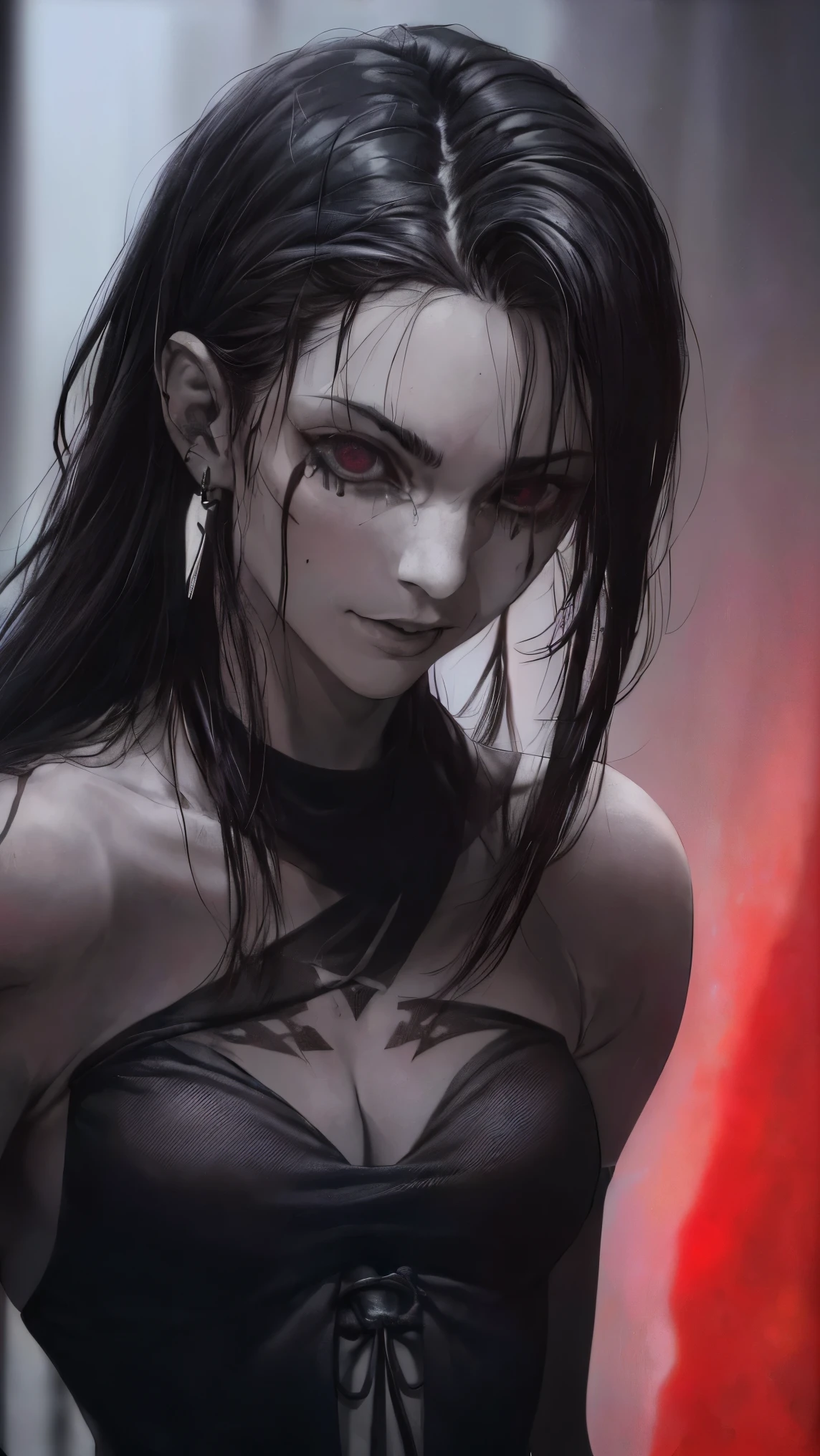 ((Best quality)), ((masterpiece)), (detailed: 1.4), (Absurd), ((((whole body)))), muscular woman of 35 years, dark blue synthetic body, hot woman, sculptural body with defined muscles, closed mouth, muscular body wearing a micro thong, ((((very dark blue almost black clothes)))), Genesis Evangelion neon style, (((large breasts)), erect breasts, ((((white mohawk hair))), ((((graphic drawings of red flames covering the body))), very long black eyelashes, heavy eye makeup, by mucha, niji --V5, near the real, psychopath, crazy face, sexy pose, 2-piece clothing, pastel, centered, scale to suit the dimensions